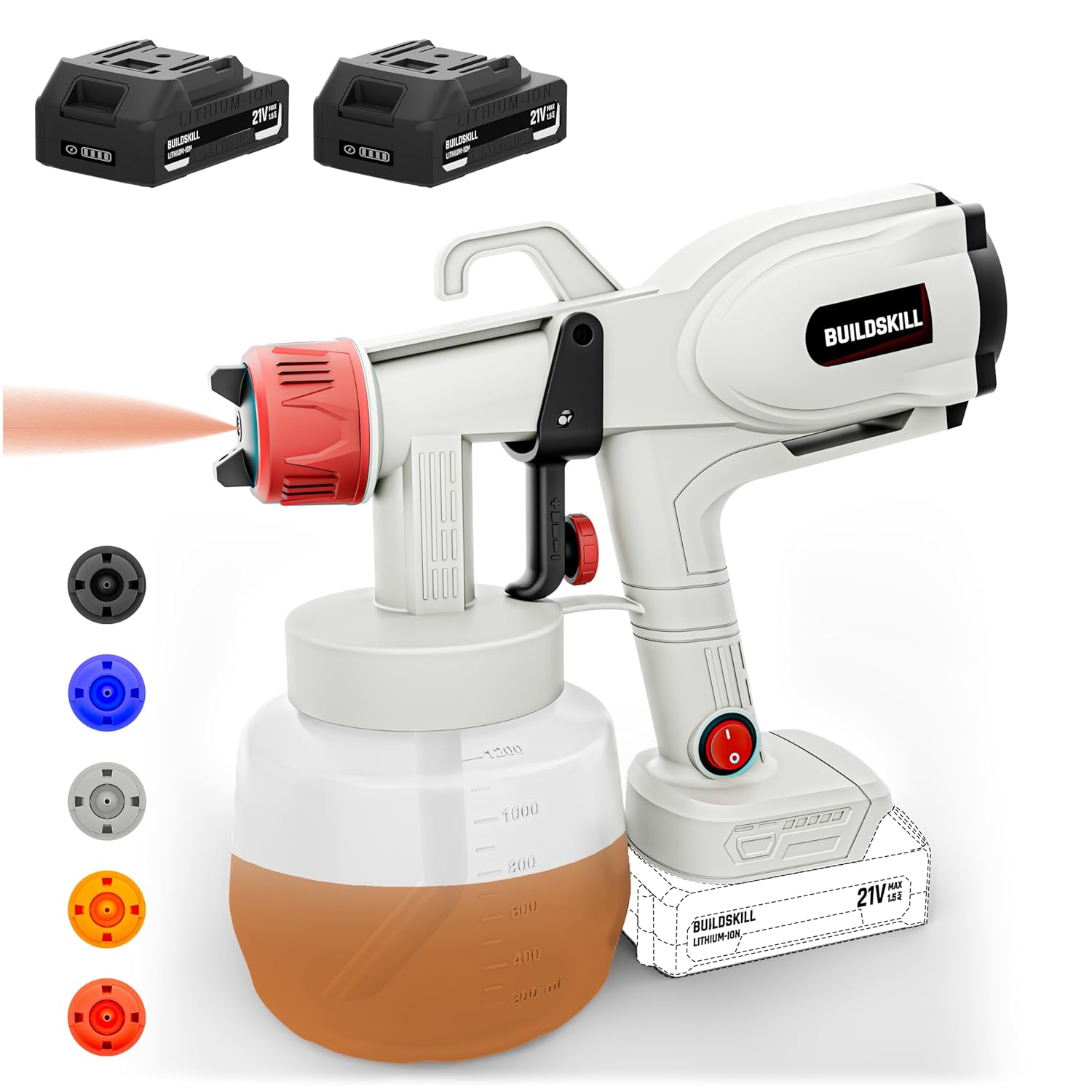 BUILDSKILL 21V Cordless Paint Sprayer | 2 X 1.5Ah Batteries | 1200ML Container | 5 Nozzles | 44000RPM Speed Copper Motor | Heat Sink | 3 Spray Patterns Paint Spray Machine for Home & Professional Use