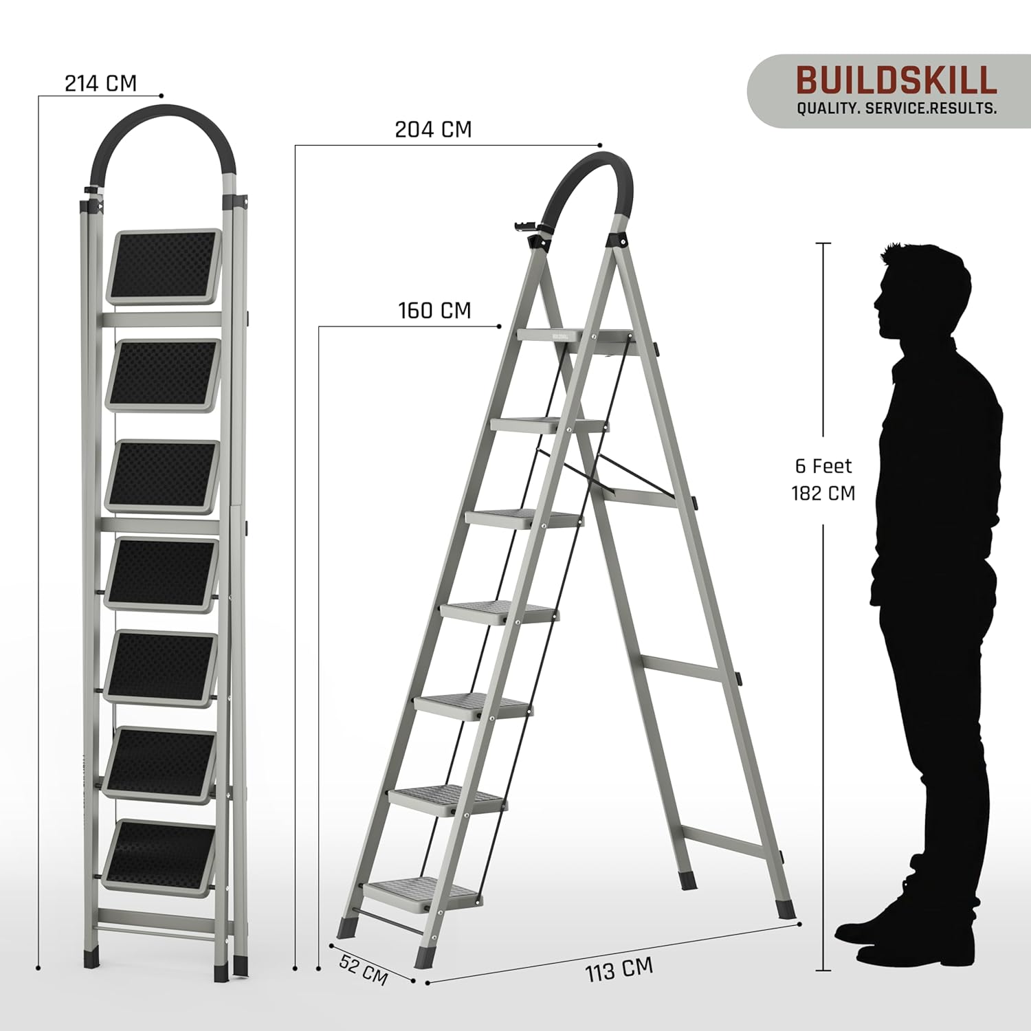 BUILDSKILL Ladder for Home 7 Steps Foldable with Built-in Tool Tray | Heavy Duty D Shape Rods | 20 x 30cm Large Platform | Wide Rubber Feet | Secure Lock | 150Kg Capacity - 5 Years Warranty