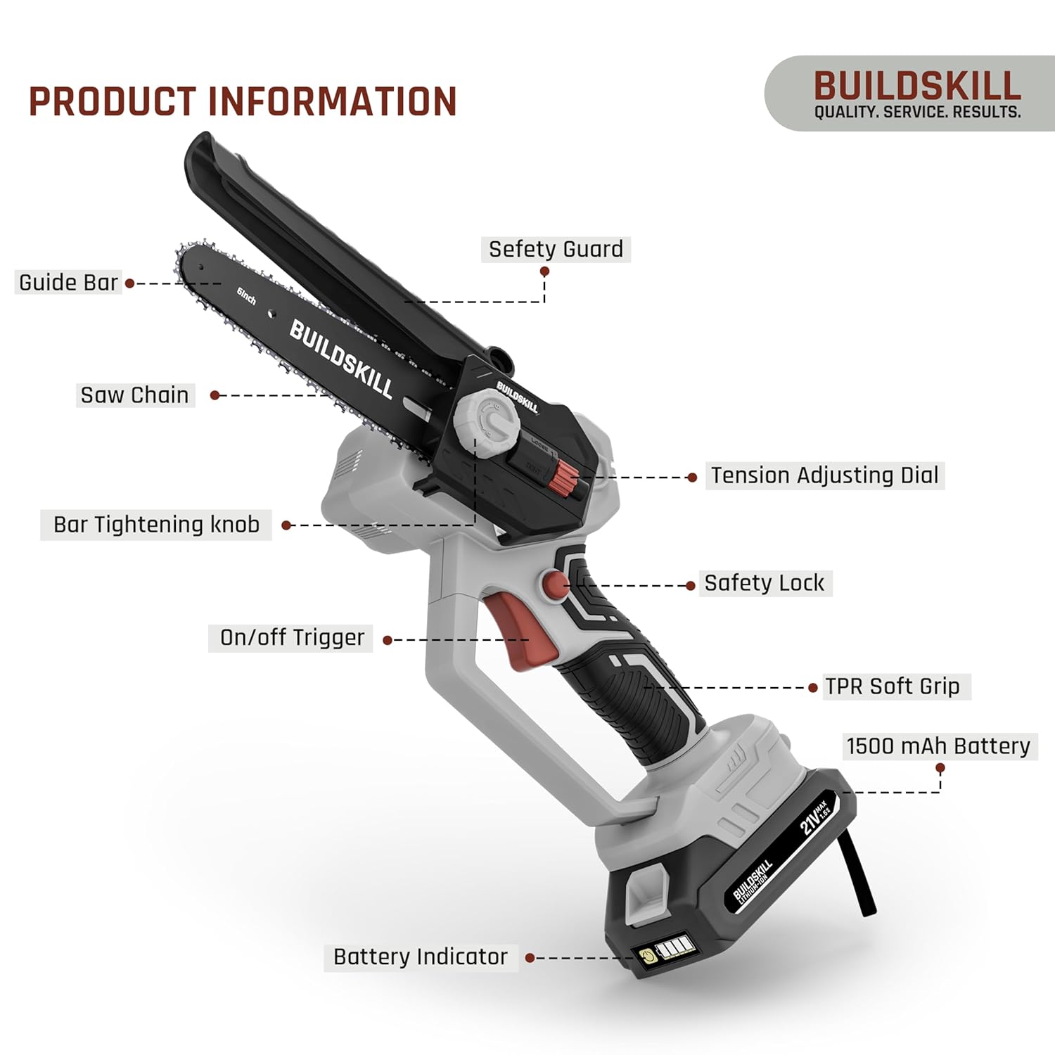BUILDSKILL 21V Cordless Chainsaw Machine | 6 inch Bar | 3600 RPM Copper Motor | 2 x 1.5AH Battery | Chain tensioning button, safety lock | Mini Chainsaw Machine for Wood Cutting, Gardening & DIY Use