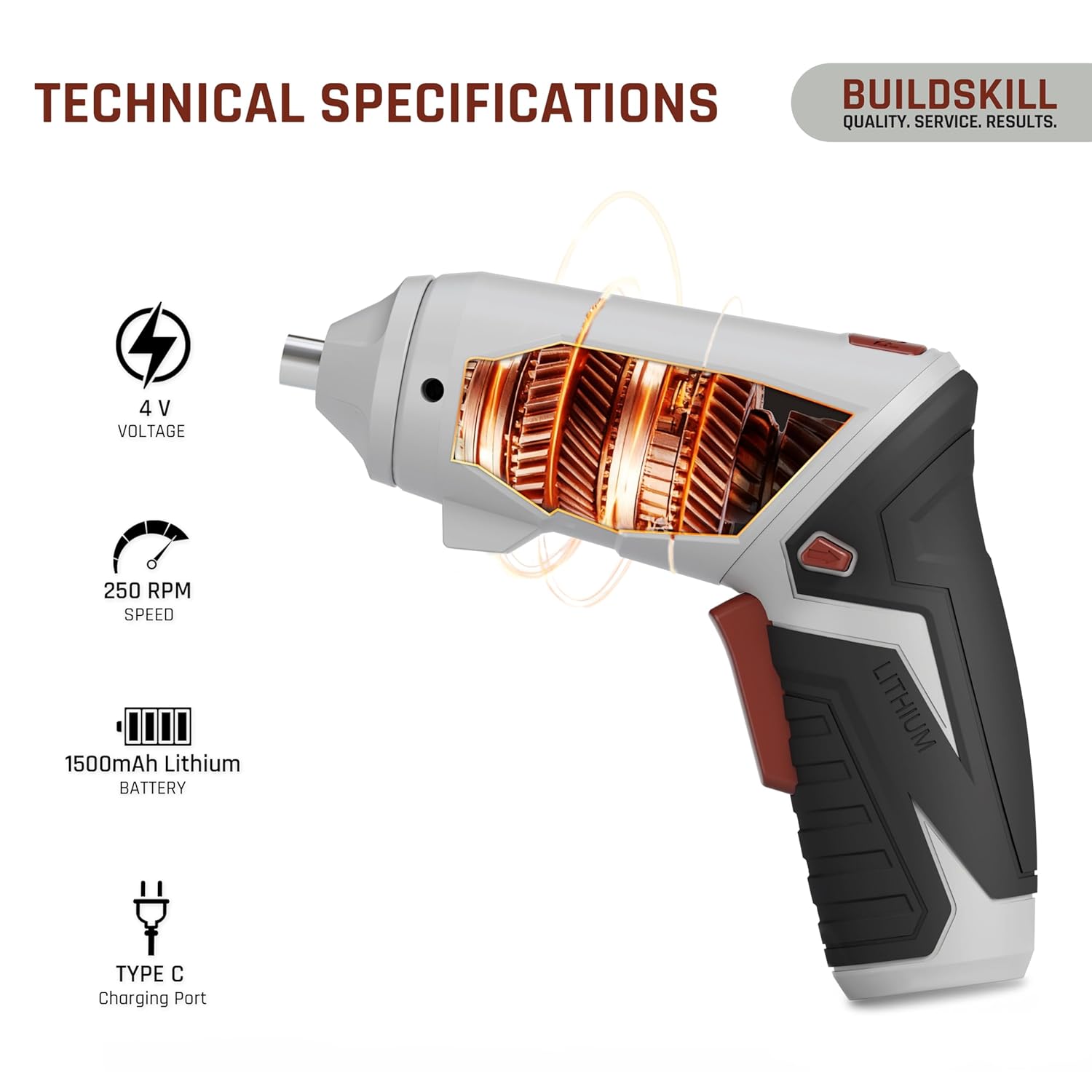 BUILDSKILL 4V Cordless Screw Driver Kit | 19 Pcs | 4 N.M. Torque | 250 RPM | Magnetic Chuck | 1.5AH Battery | Forward-Reverse | 2 position Handle Lock & LED Light | Type-C Charging cable included