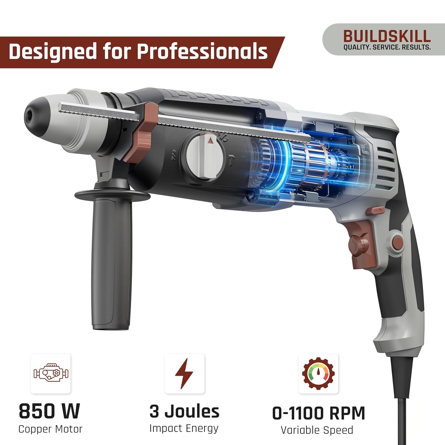 BUILDSKILL 850W Rotary Hammer Drill | 1100 RPM Copper Motor | 26mm SDS+ Chuck | 4900 BPM | 4 Modes| 3J Impact | Variable Speed | with 6/8/10mm Bits + Pointed & Flat Bits for Concrete, Metal & Wood