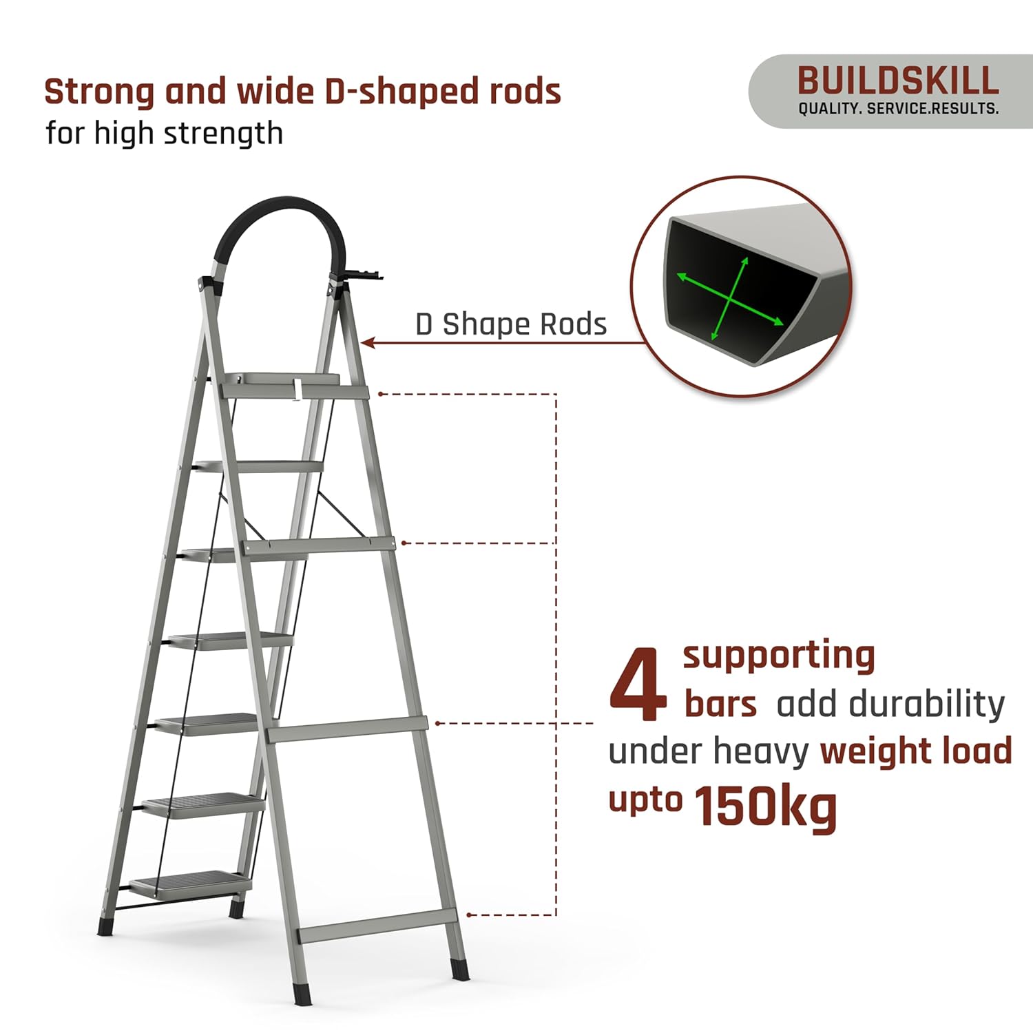 BUILDSKILL Ladder for Home 7 Steps Foldable with Built-in Tool Tray | Heavy Duty D Shape Rods | 20 x 30cm Large Platform | Wide Rubber Feet | Secure Lock | 150Kg Capacity - 5 Years Warranty