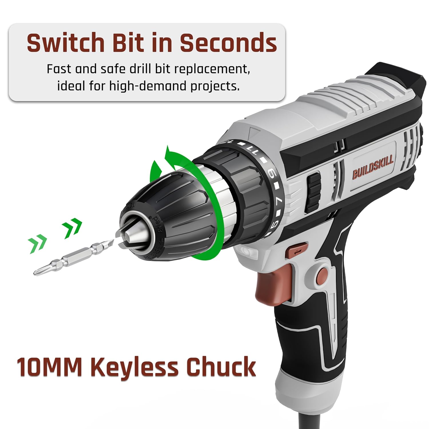 BUILDSKILL 350W Electric Screwdriver | 0-1000RPM Copper Motor | Forward-Reverse | LED Light | 10MM Quick Release Chuck | 23NM Max. Torque with 20+1 Adjustments | 1.8M Long Cable | TPR Soft Grip
