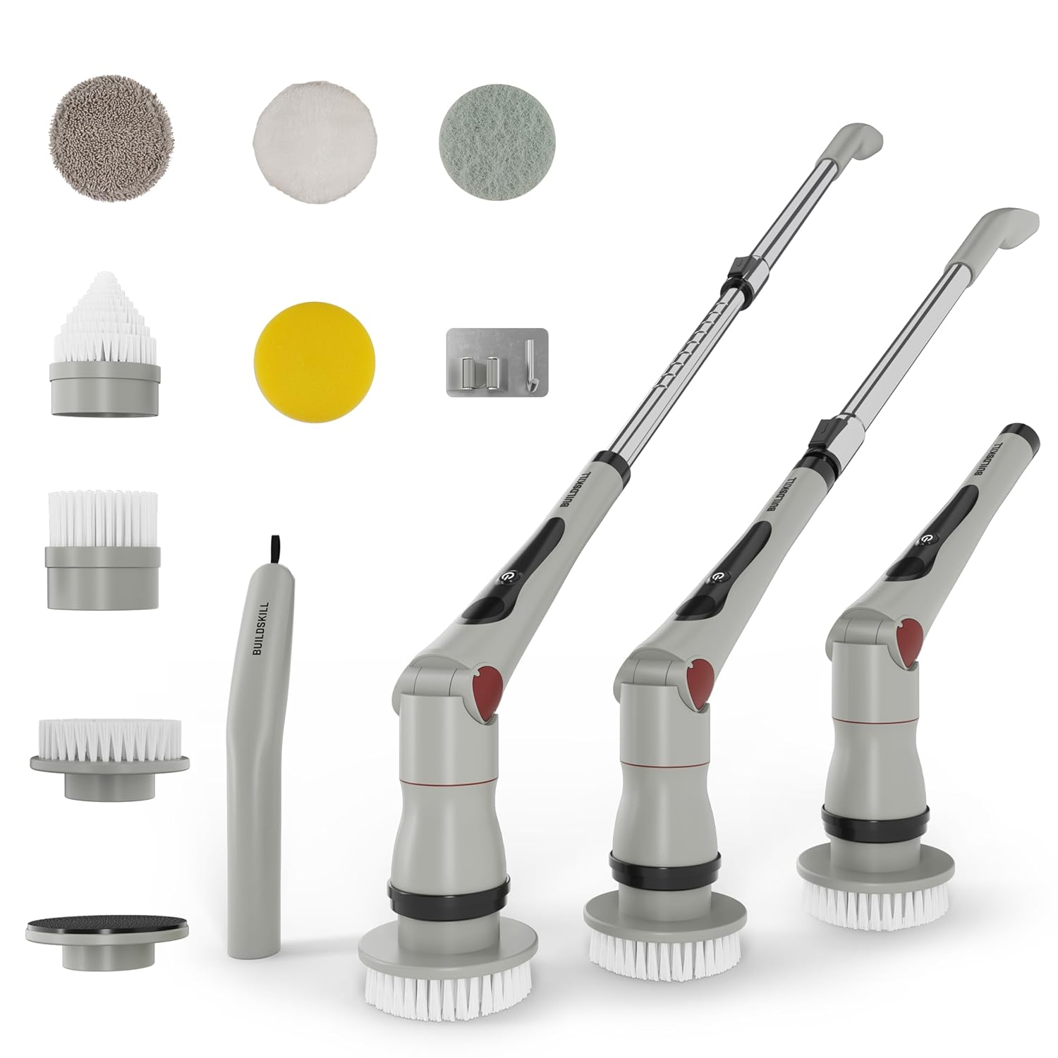 BUILDSKILL 8 in 1 Electric Spin Scrubber with LED Display | IPX6 Waterproof | 3 Speeds | 4 Angles | Telescopic SS Handle | 2.5Ah | C-Type | Tiles, Slabs, Windows & Bathroom Cleaning Brush Electric