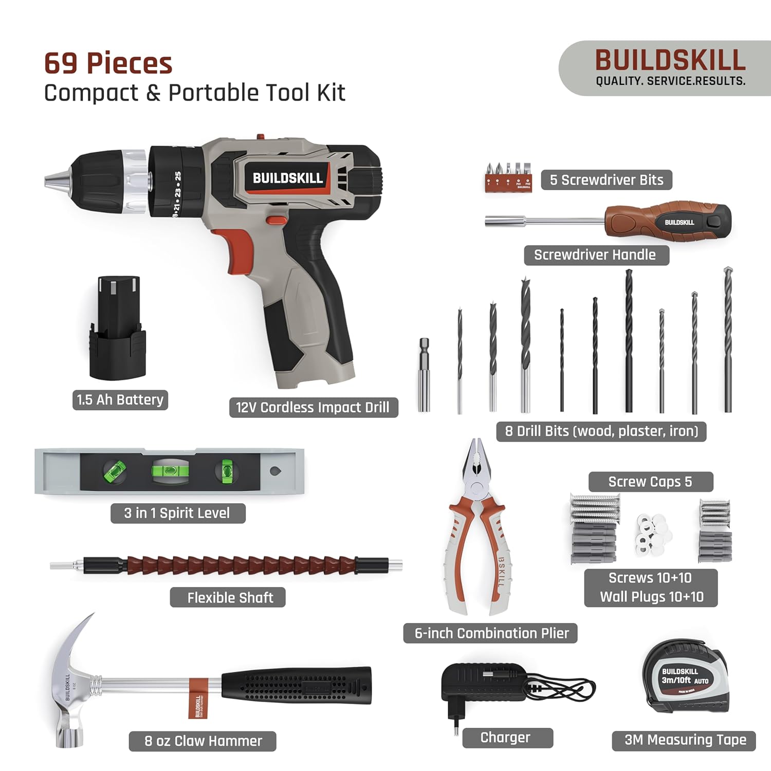 BUILDSKILL 69 Pcs | 12V Cordless Drill Machine Tool Kit 10MM Keyless Chuck,Copper Armature, 3M Auto Measuring Tape, CRV Bits, TPR Screwdriver | Home Tools Box Kit with Drill Machine (6 Month Warranty)