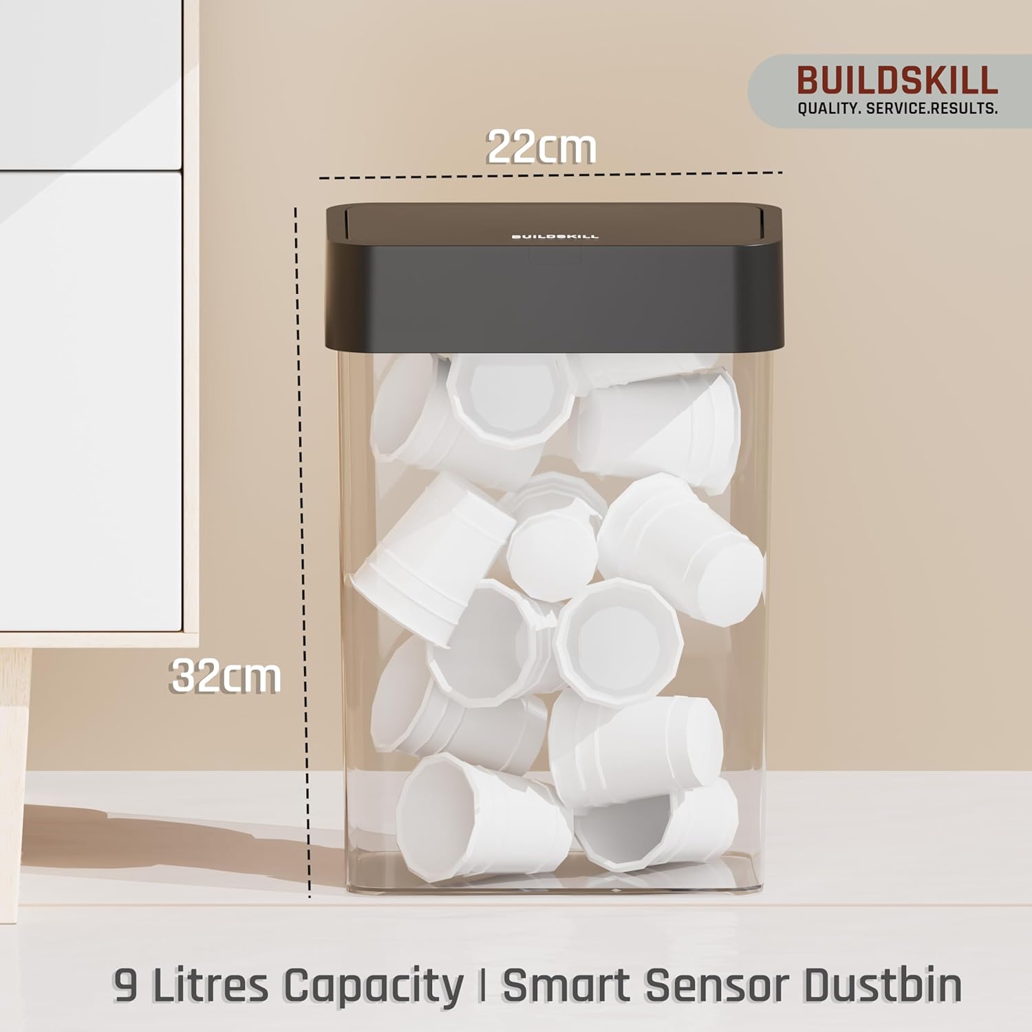 BUILDSKILL 9 Litre Smart Sensor Dustbin for Home | IPX5 Waterproof | 360° Odour Lock | Soft Close & Open | ABS Body | Compact Size | Convenient & Hygienic | Touchless Smart Dustbin for Home (Black)
