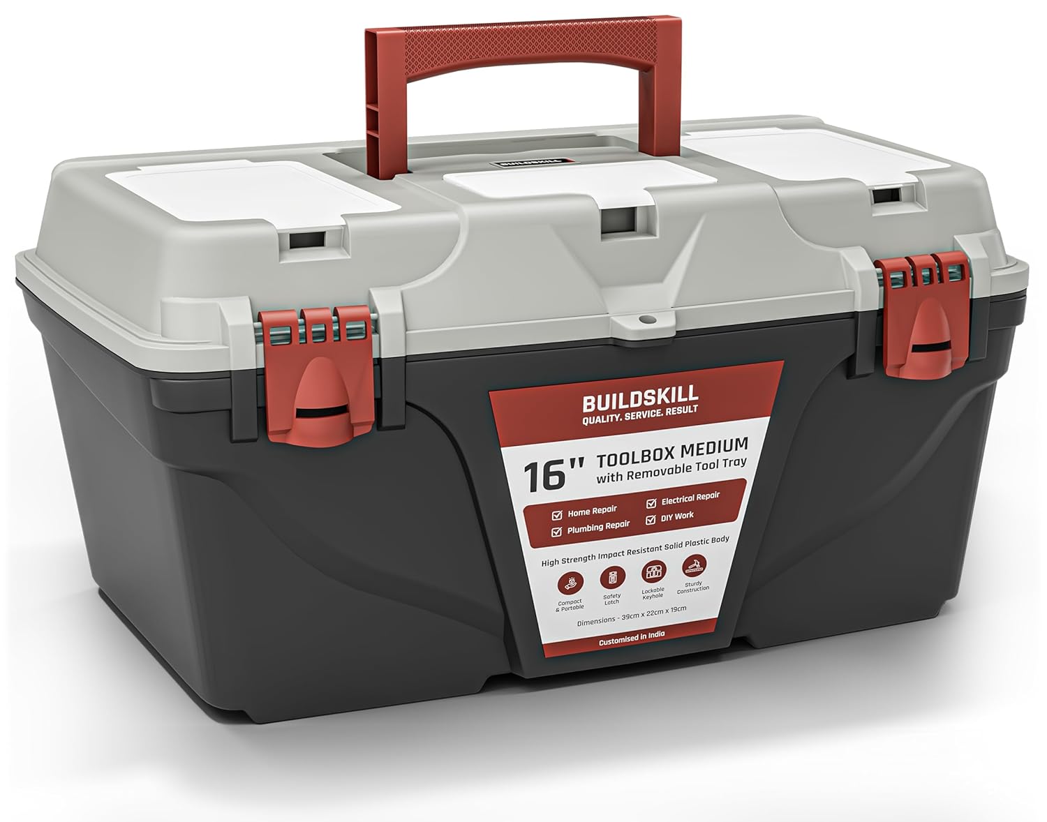 BUILDSKILL 16" Medium Tool Box for Home | Convenient Top Lids & Removable Tool Tray | Secure Latch Lock | Key Hole | Heavy Duty Impact Resistant Body | Ideal Repair Toolbox for DIY & Professional Use