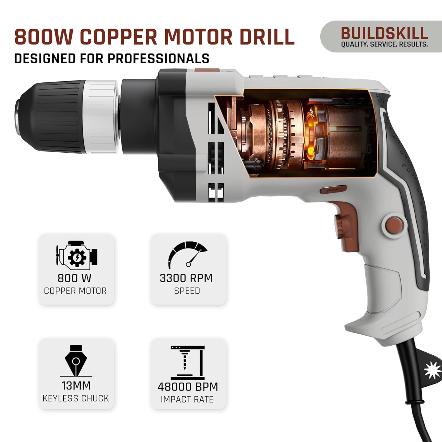 BUILDSKILL 163 PCs 800W Corded Electric Drill Toolkit | 3300 RPM | 48000 BPM Impact Rate | Copper Motor | 13mm Keyless Chuck Drill Machine for Wall Drilling | Forward-Reverse | Professional & DIY use