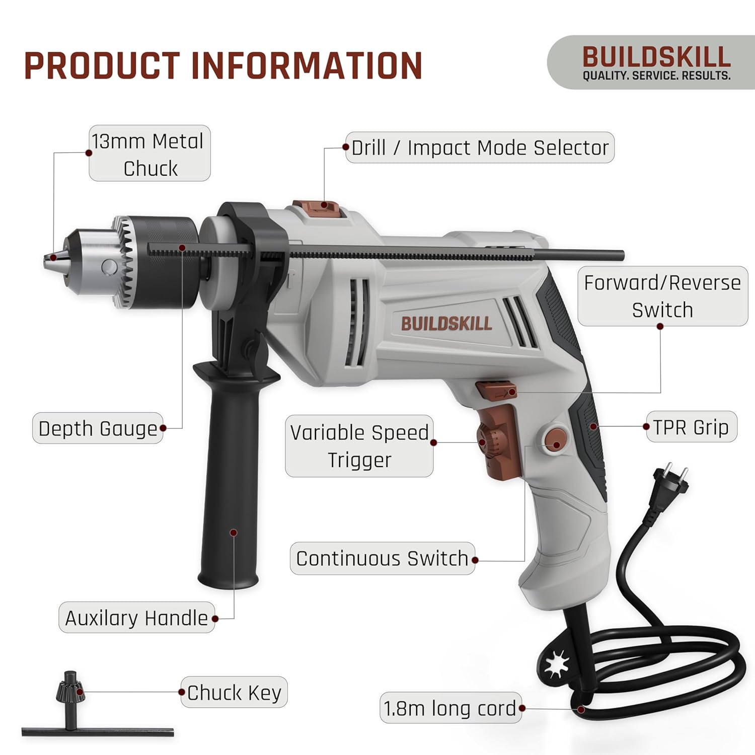 BUILDSKILL 136 PCs 550W Corded Electric Drill Toolkit | 3000 RPM | 48000 BPM Impact Rate | Copper Motor | 13mm Metal Chuck Drill Machine for Wall Drilling | Forward-Reverse | Professional & DIY use