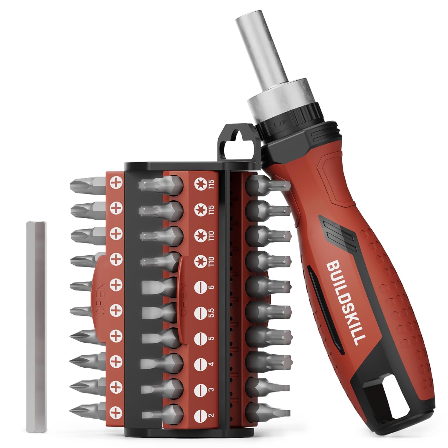 BUILDSKILL 31 Pieces Ratchet Screw Driver Kit | CR-V Bits | Anti-Skid TPR Grip | 30 x Screwdriver Bits | 1 x 75mm HEX Shank | Magnetic Bit Holder | DIY & Professional Screwdriver Set