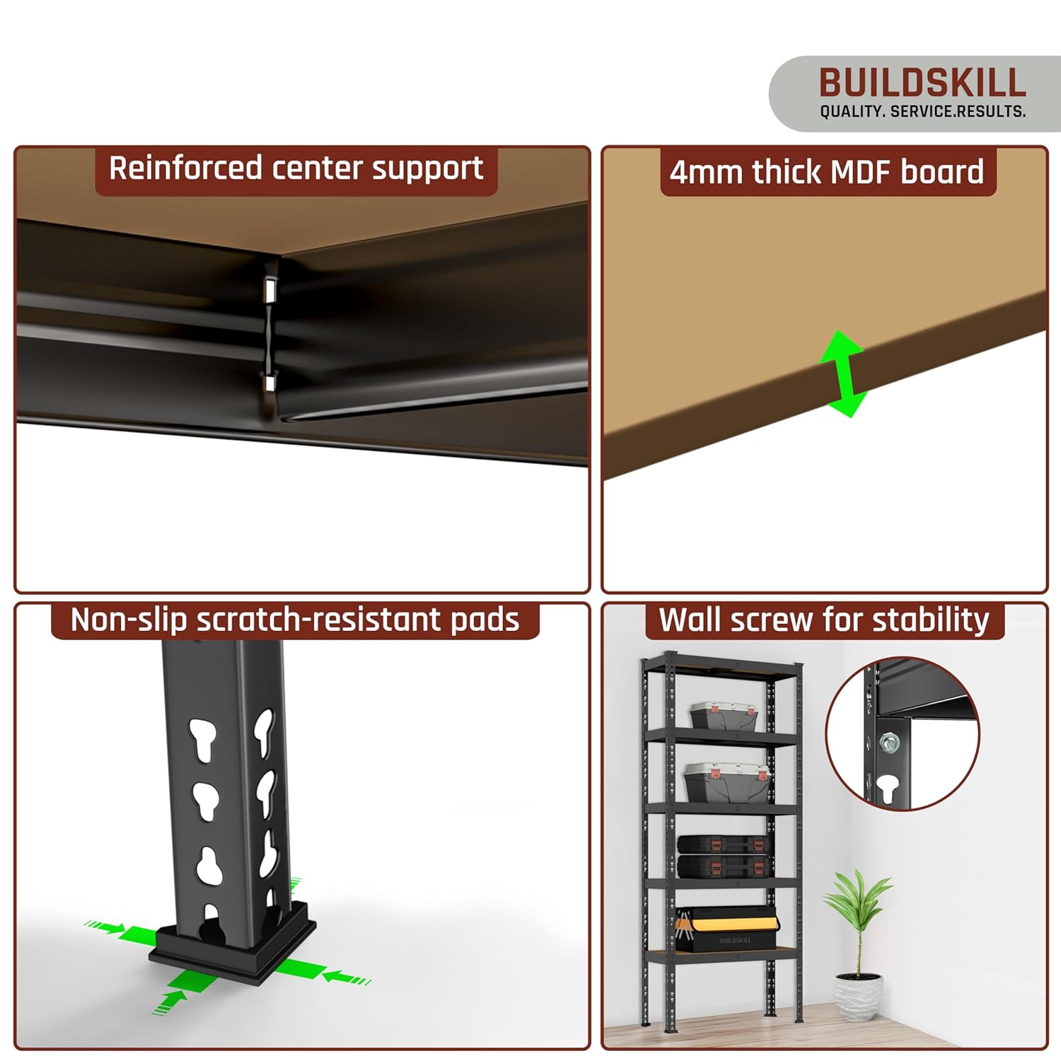 BUILDSKILL 5-Tier Multipurpose Storage Rack | Bolt-Free Assembly | Black Powder-Coated Galvanized Metal | Thick MDF Board | 175Kg Capacity Per Shelf | 170x70x30cm Adjustable Shelf Rack for Home & Shop