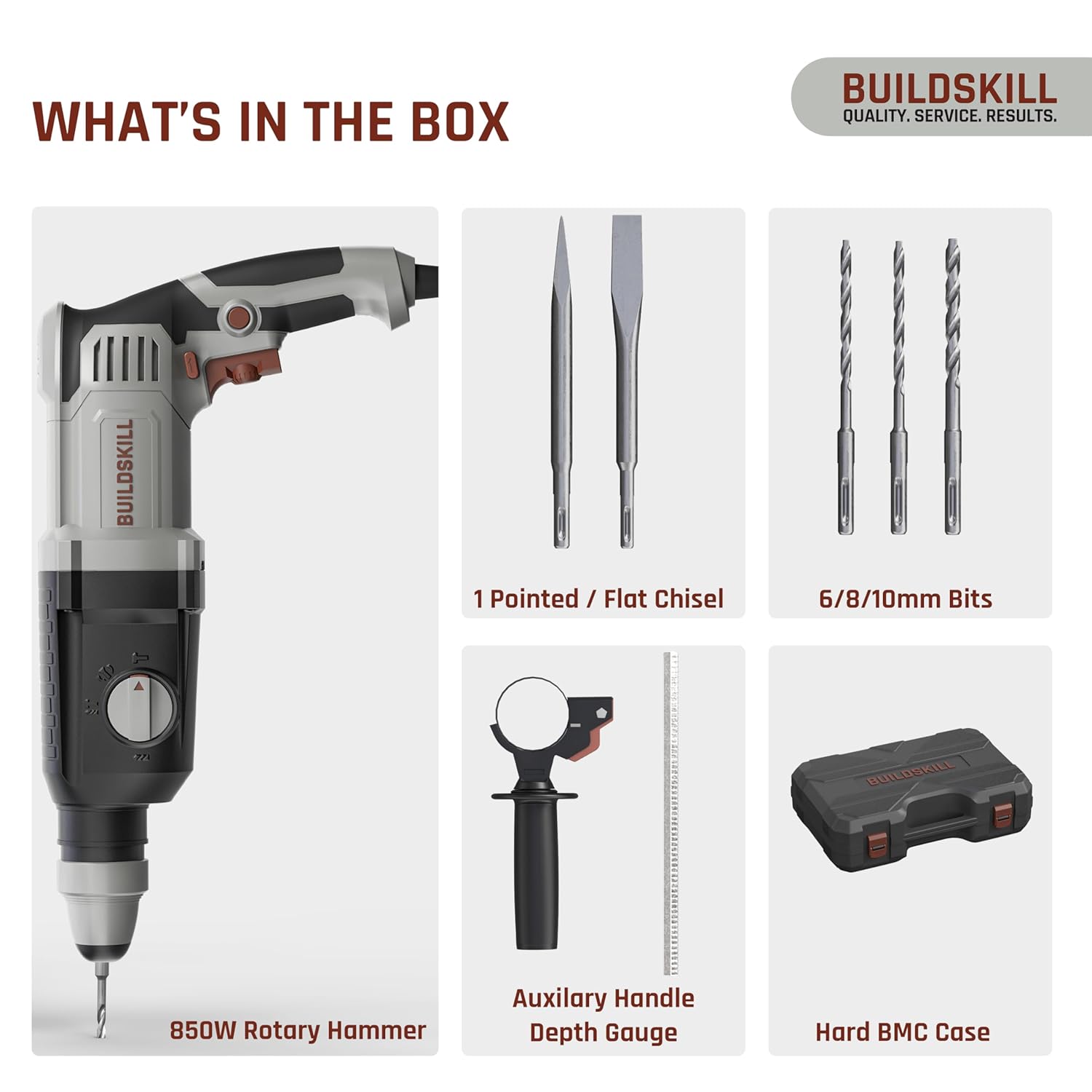 BUILDSKILL 850W Rotary Hammer Drill | 1100 RPM Copper Motor | 26mm SDS+ Chuck | 4900 BPM | 4 Modes| 3J Impact | Variable Speed | with 6/8/10mm Bits + Pointed & Flat Bits for Concrete, Metal & Wood