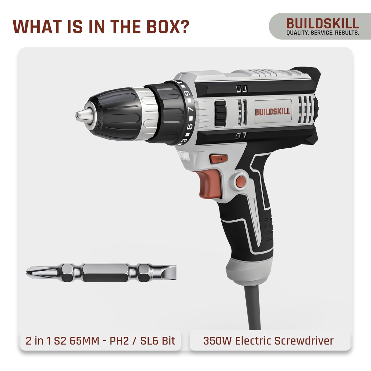 BUILDSKILL 350W Electric Screwdriver | 0-1000RPM Copper Motor | Forward-Reverse | LED Light | 10MM Quick Release Chuck | 23NM Max. Torque with 20+1 Adjustments | 1.8M Long Cable | TPR Soft Grip