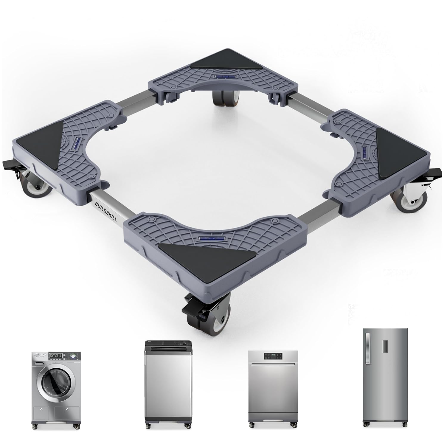 BUILDSKILL 200Kg Washing Machine Stand Adjustable | SS Tubes | 360° Rotating Double Wheels with Lock | Absorbs Vibration | Anti-Skid Top & Front Load Washing Machine Trolley (Grey)