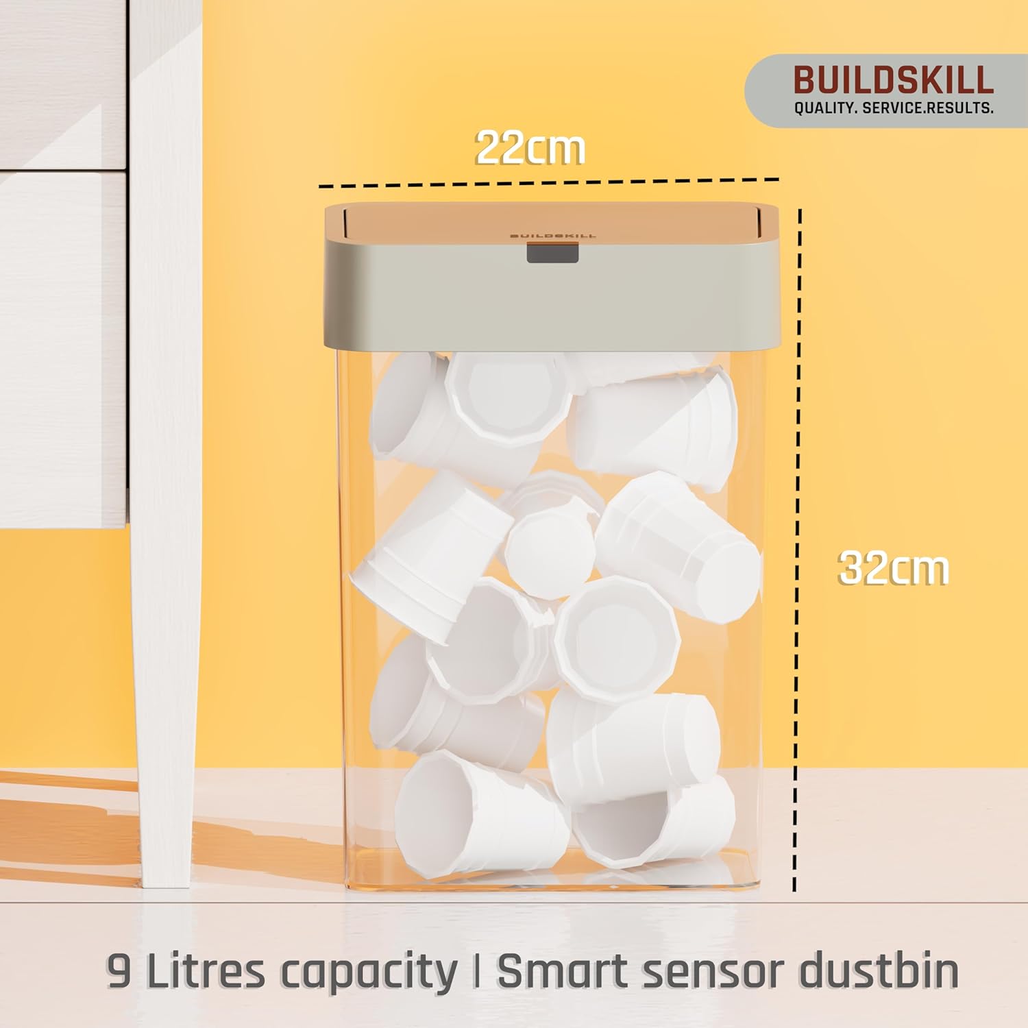 BUILDSKILL 9 Litre Smart Sensor Dustbin for Home | IPX5 Waterproof | 360° Odour Lock | Soft Close & Open | ABS Body | Compact Size | Convenient & Hygienic | Touchless Smart Dustbin for Home (Grey)