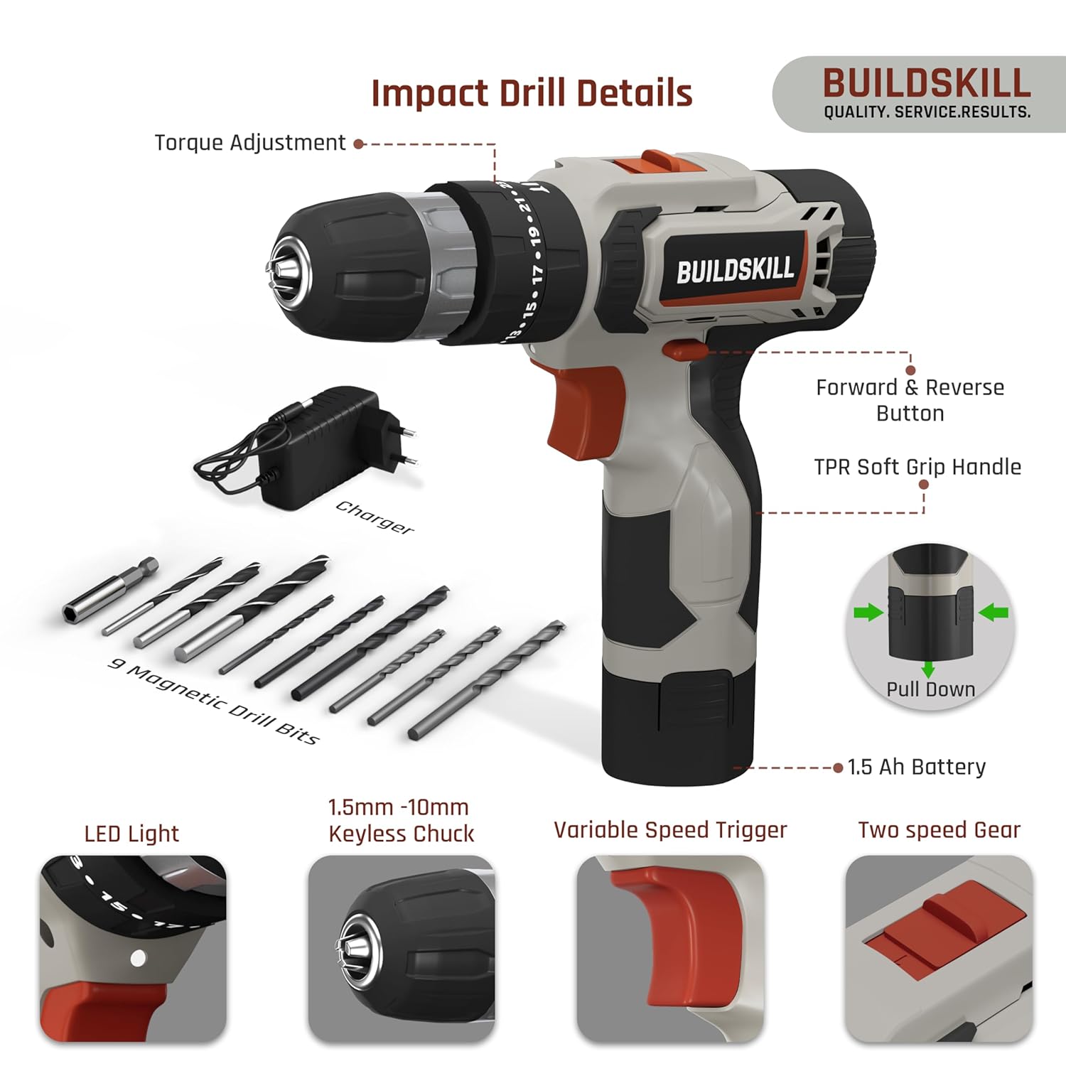BUILDSKILL 69 Pcs | 12V Cordless Drill Machine Tool Kit 10MM Keyless Chuck,Copper Armature, 3M Auto Measuring Tape, CRV Bits, TPR Screwdriver | Home Tools Box Kit with Drill Machine (6 Month Warranty)