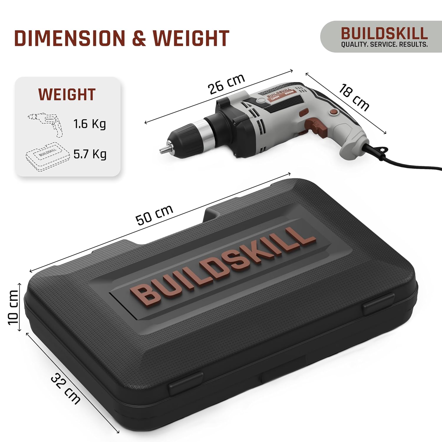 BUILDSKILL 163 PCs 800W Corded Electric Drill Toolkit | 3300 RPM | 48000 BPM Impact Rate | Copper Motor | 13mm Keyless Chuck Drill Machine for Wall Drilling | Forward-Reverse | Professional & DIY use