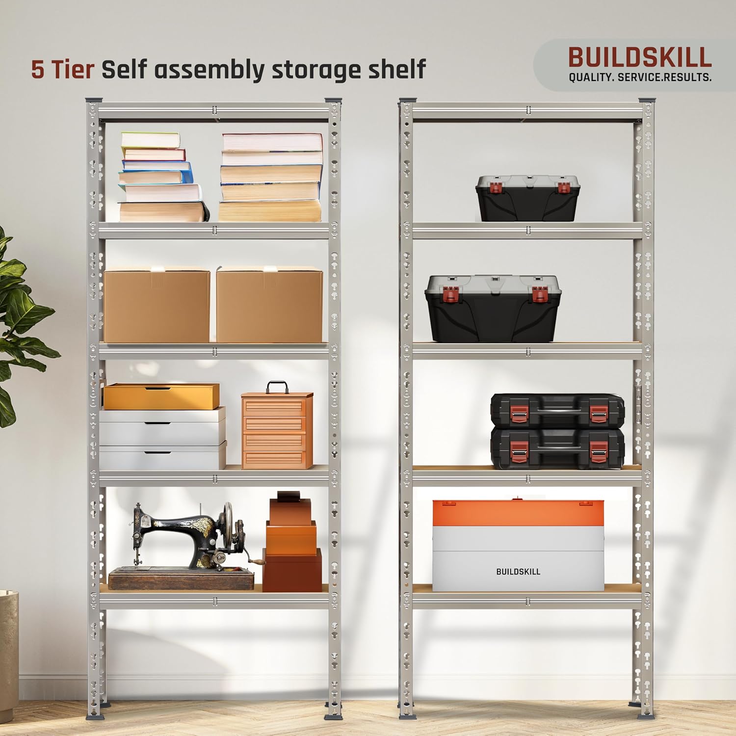 BUILDSKILL 5-Tier Multipurpose Storage Rack | Bolt-Free Assembly | Galvanized Metal | Thick MDF Board | 175kg Capacity Per Shelf | 170x70x30cm Adjustable Shelf Rack for Home, Garage & Shop | Silver
