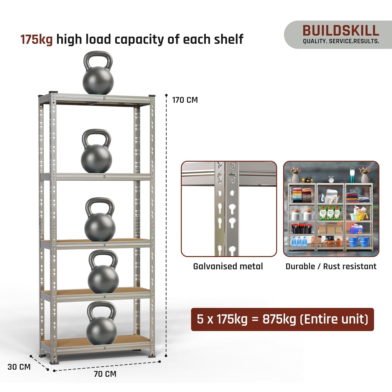 BUILDSKILL 5-Tier Multipurpose Storage Rack | Bolt-Free Assembly | Galvanized Metal | Thick MDF Board | 175kg Capacity Per Shelf | 170x70x30cm Adjustable Shelf Rack for Home, Garage & Shop | Silver