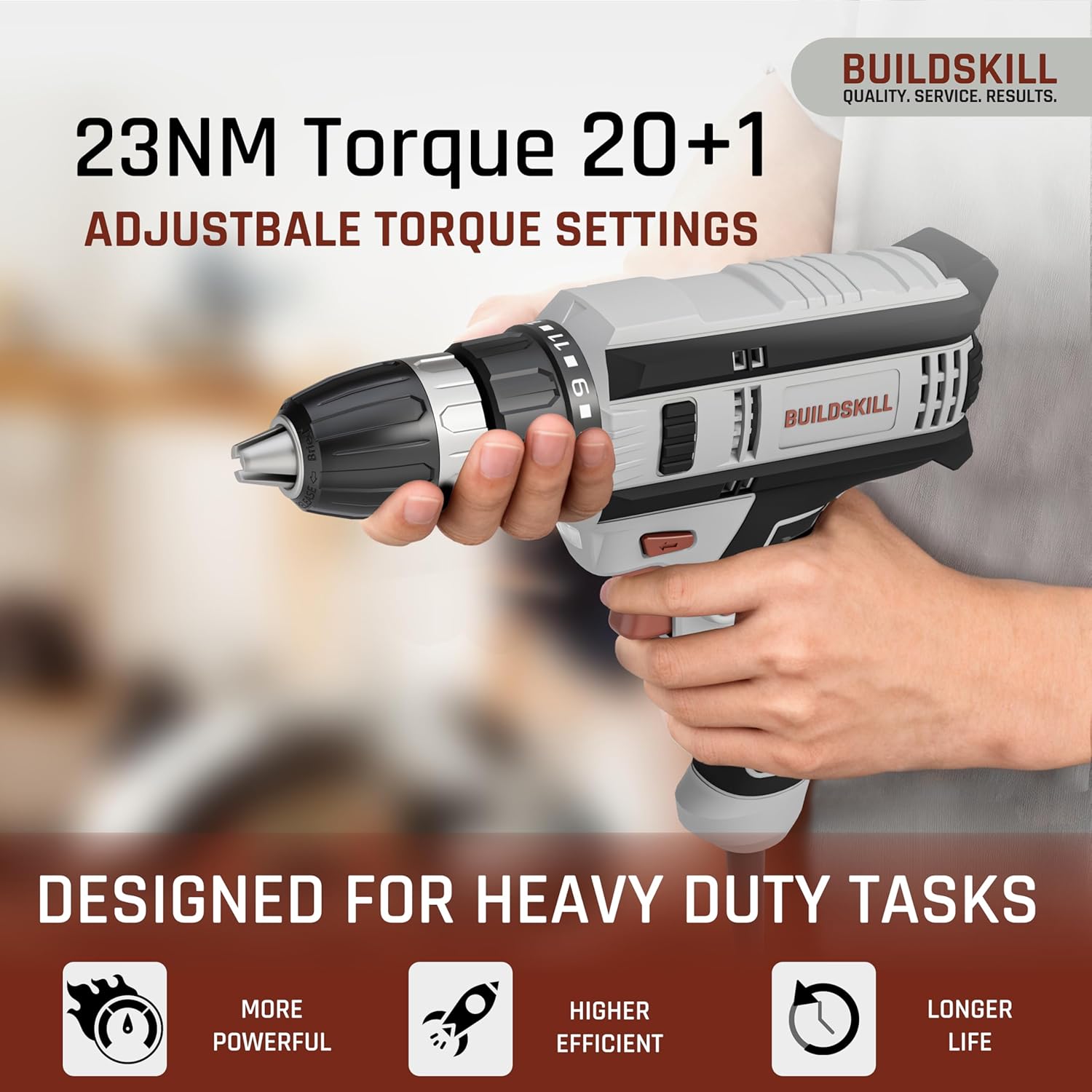 BUILDSKILL 350W Electric Screwdriver | 0-1000RPM Copper Motor | Forward-Reverse | LED Light | 10MM Quick Release Chuck | 23NM Max. Torque with 20+1 Adjustments | 1.8M Long Cable | TPR Soft Grip