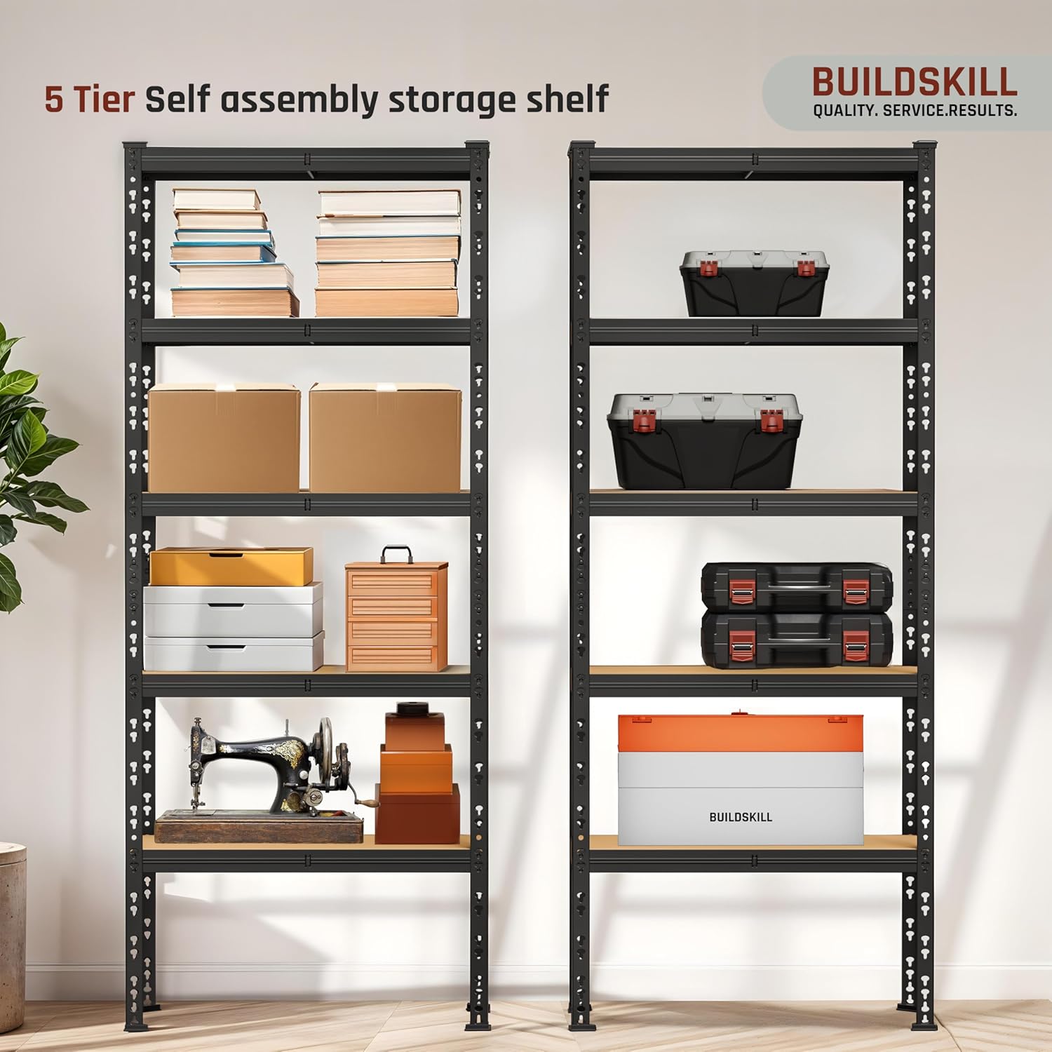 BUILDSKILL 5-Tier Multipurpose Storage Rack | Bolt-Free Assembly | Black Powder-Coated Galvanized Metal | Thick MDF Board | 175Kg Capacity Per Shelf | 170x70x30cm Adjustable Shelf Rack for Home & Shop