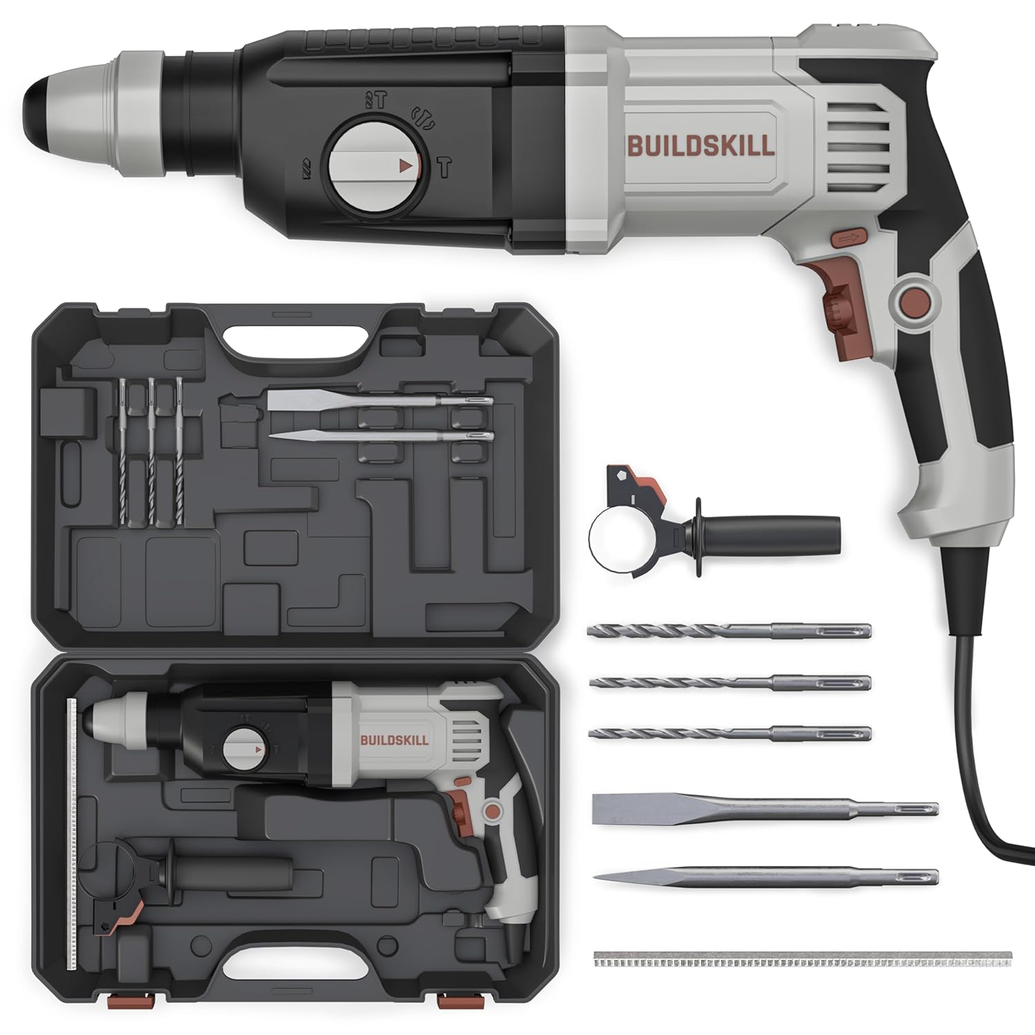 BUILDSKILL 850W Rotary Hammer Drill | 1100 RPM Copper Motor | 26mm SDS+ Chuck | 4900 BPM | 4 Modes| 3J Impact | Variable Speed | with 6/8/10mm Bits + Pointed & Flat Bits for Concrete, Metal & Wood