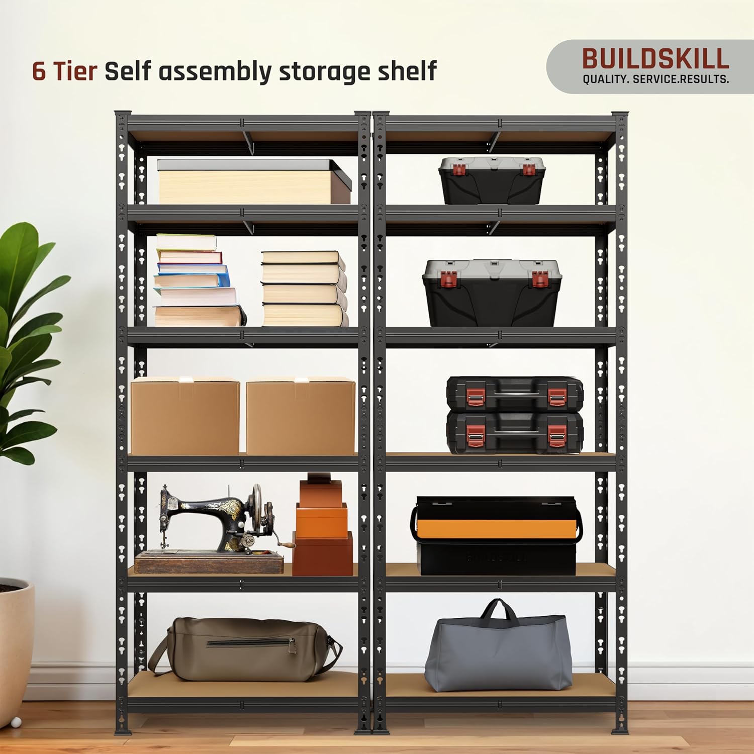 BUILDSKILL 6-Tier Multipurpose Storage Rack | Bolt-Free Assembly | Black Powder-Coated Galvanized Metal | Thick MDF Board | 175Kg Capacity Per Shelf | 170x70x30cm Adjustable Shelf Rack for Home & Shop