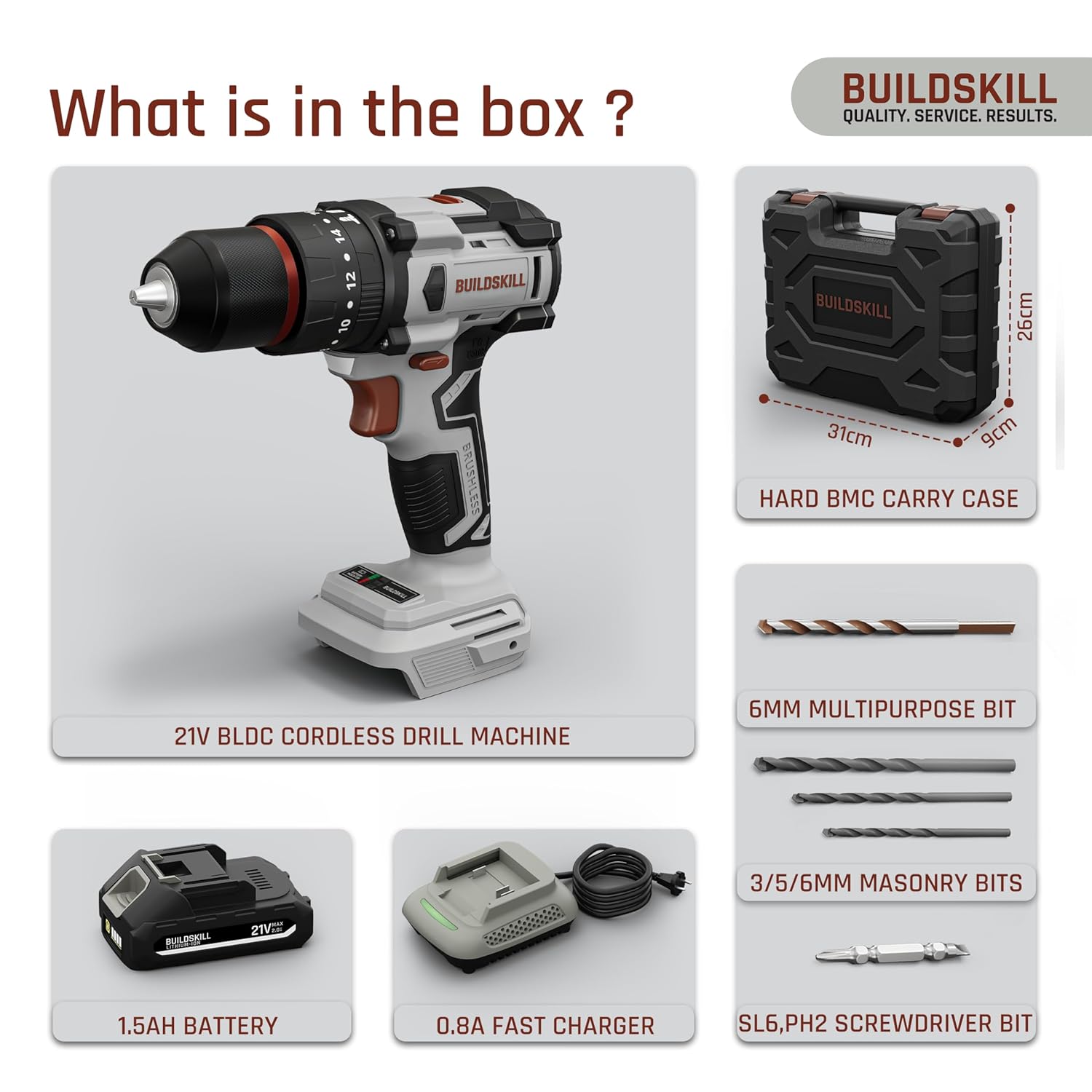 BUILDSKILL 21V BLDC Cordless Drilling Machine | Copper Motor | Impact & Drill | 2-Speed 400/1400 RPM | 10mm Metal Keyless Chuck | 1.5Ah Battery | LED Light | Forward-Reverse | Professional & DIY Use
