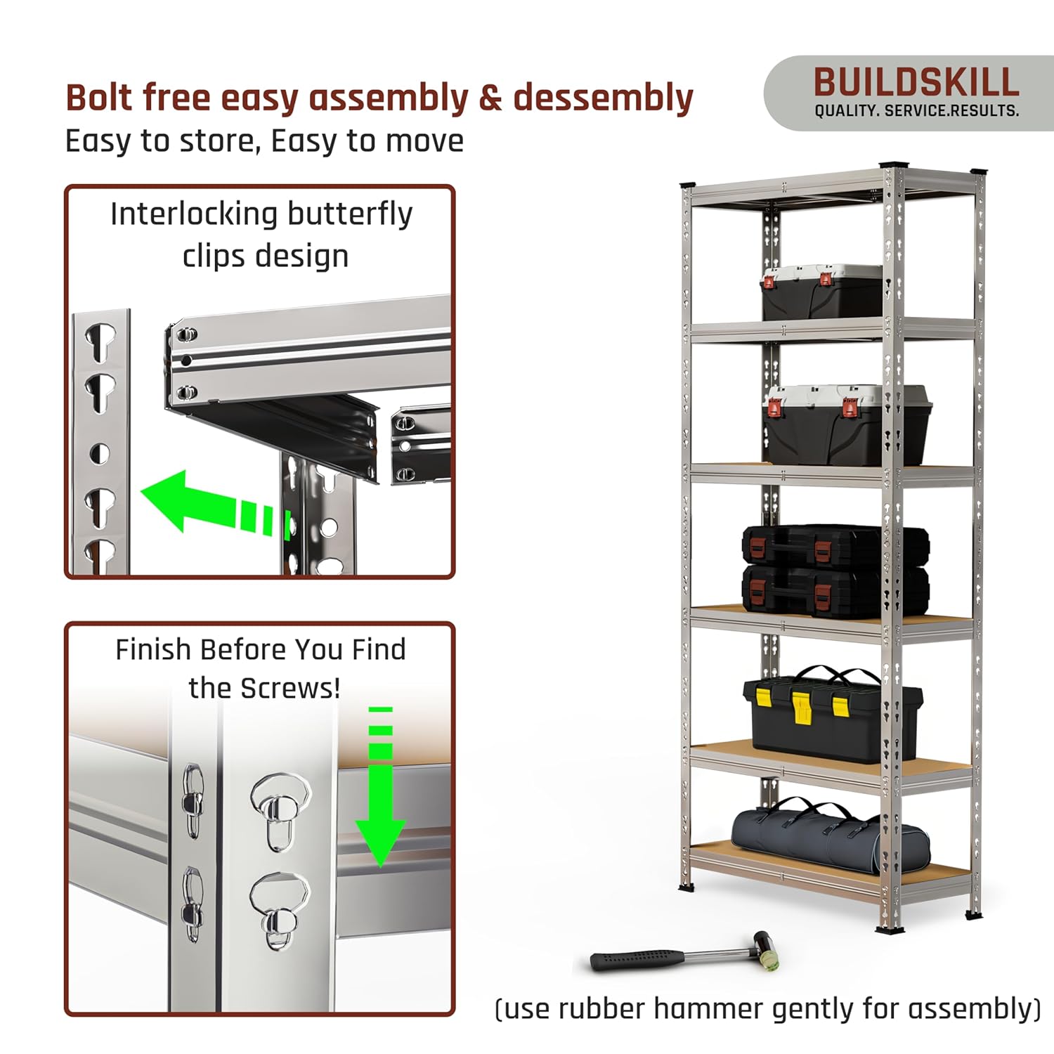 BUILDSKILL 6-Tier Multipurpose Storage Rack | Bolt-Free Assembly | Galvanized Metal | Thick MDF Board | 175Kg Capacity Per Shelf | 170x70x30cm Adjustable Shelf Rack for Home, Garage & Shop | Silver