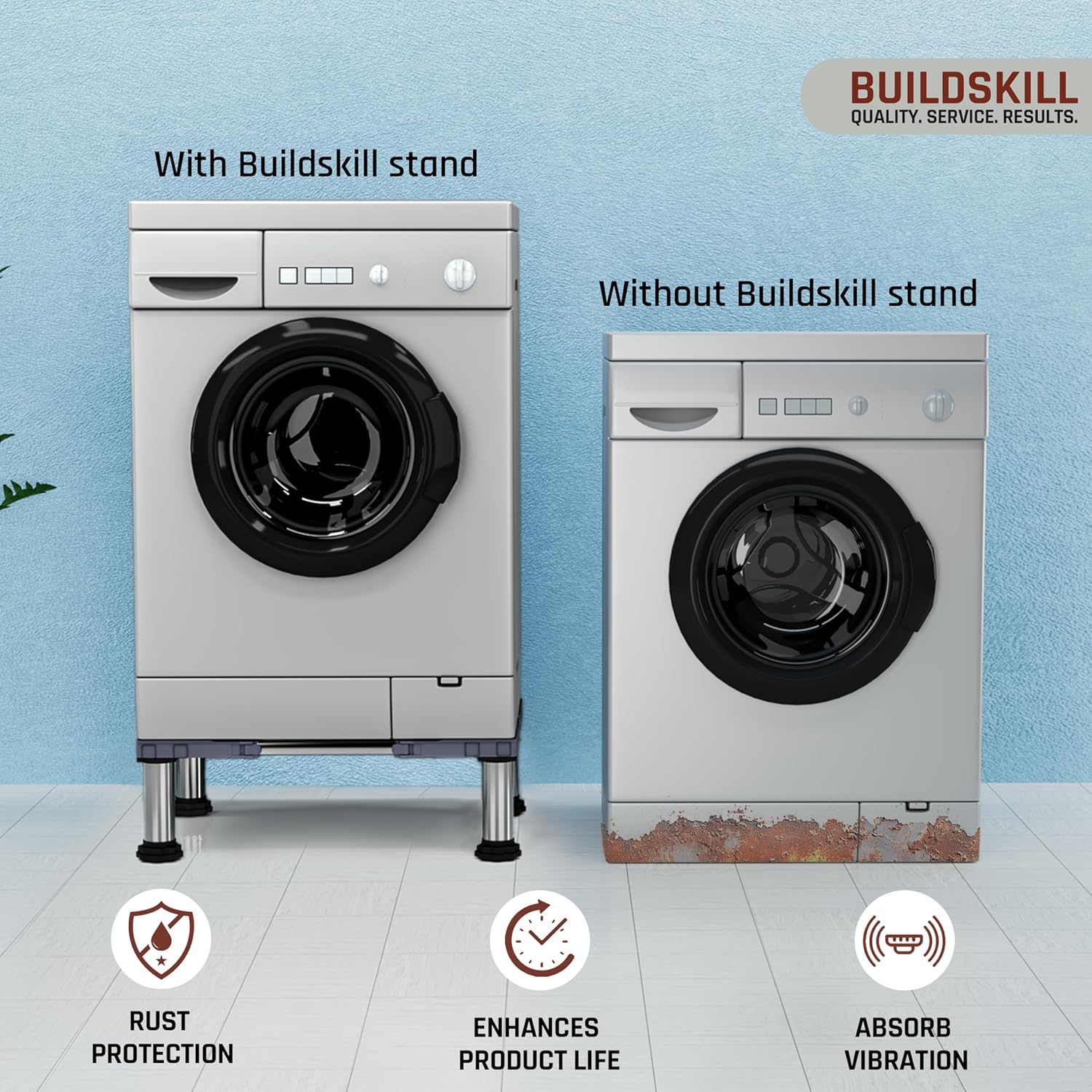 BUILDSKILL 350kg Load Capacity Washing Machine Stand Adjustable | Spirit Level | Anti-Vibration Mats | Dual SS Tubes | Legs with Rubber Pads | Without Wheels Height Stand for Washing Machine (Grey)