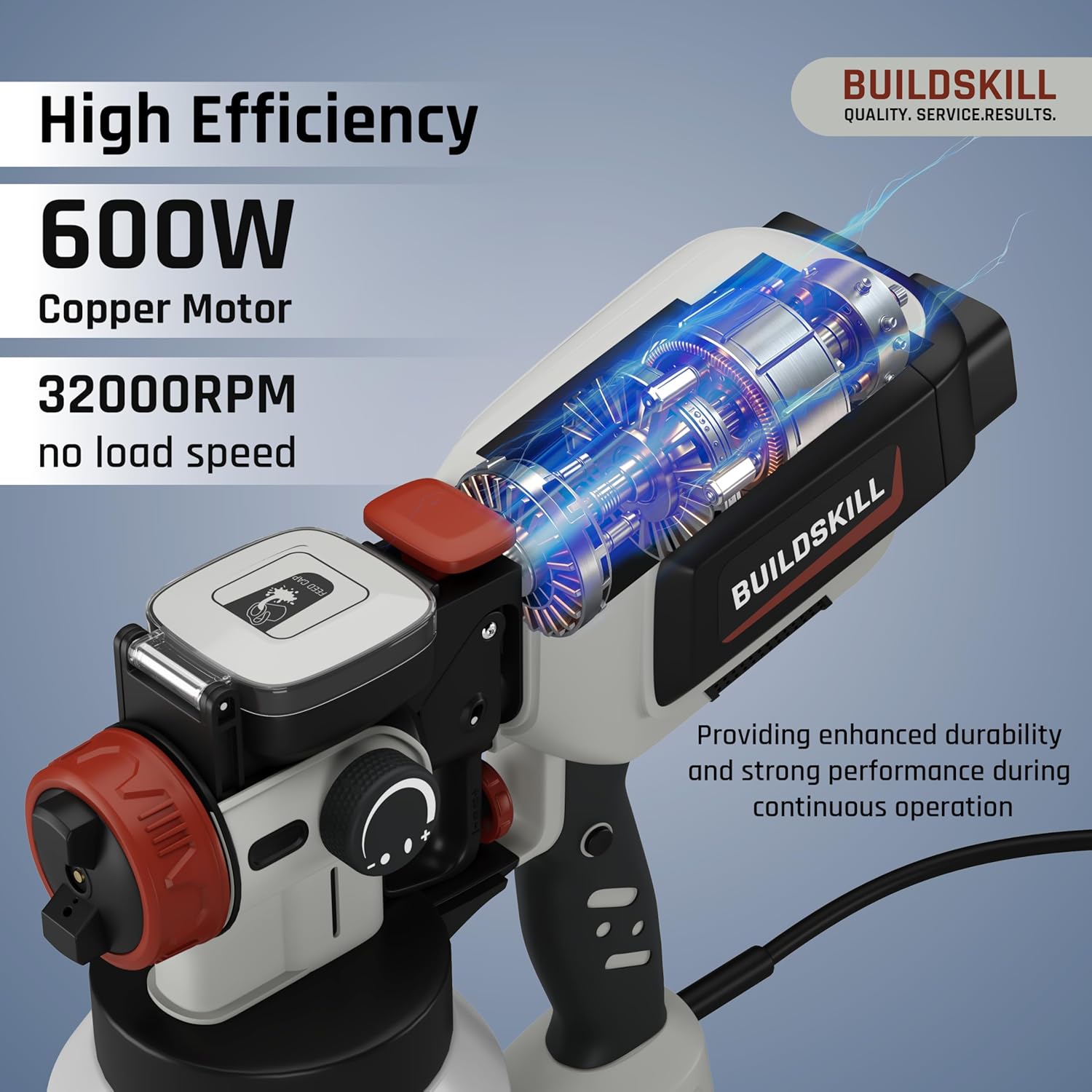 BUILDSKILL Easy Refill Paint Sprayer | 1500ML Large Tank | 600W Copper Motor with 32000RPM Speed | Heat Sink | 3 Patterns | Copper Alloy Nozzle | Auto Paint Spray Machine for Home & Professional Use