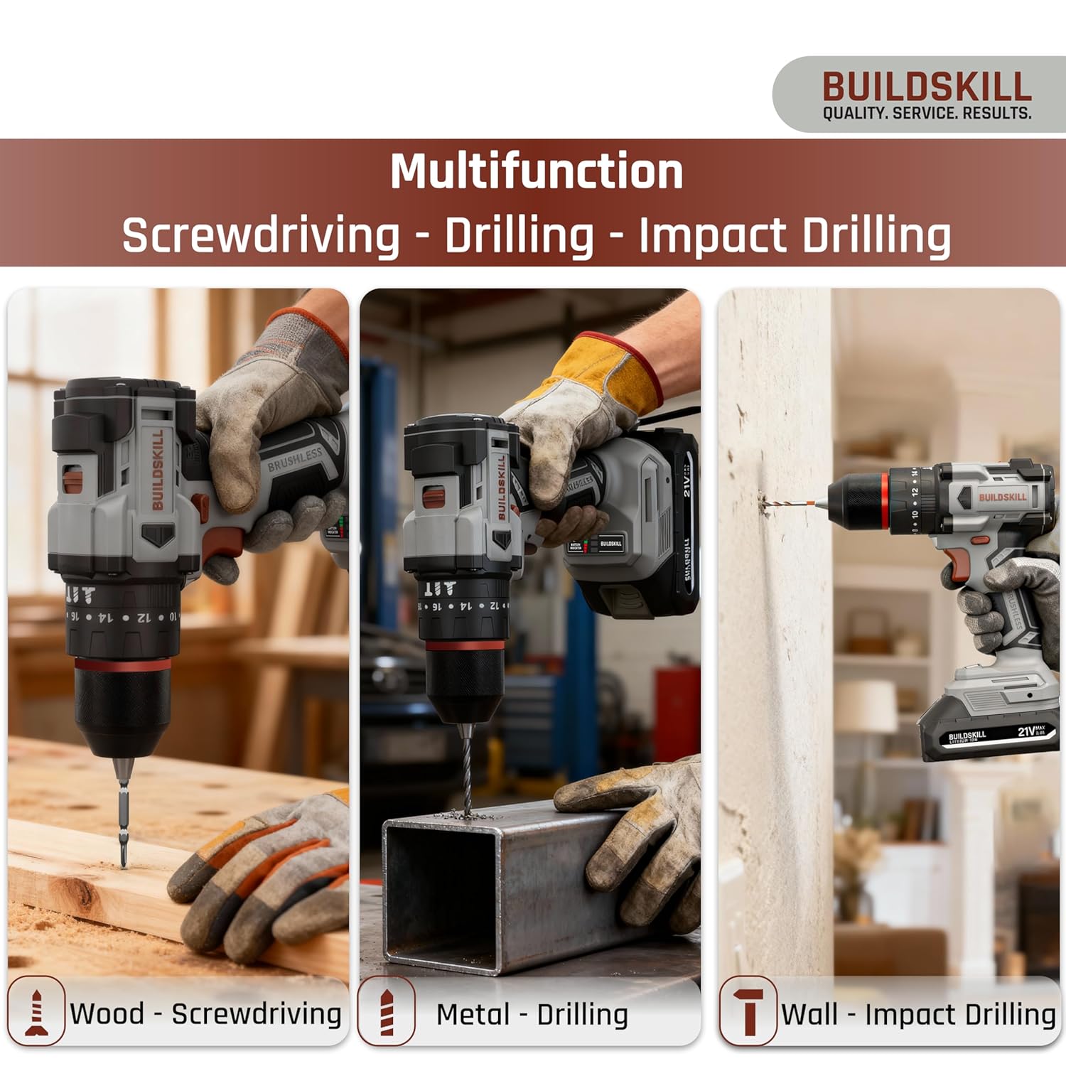 BUILDSKILL 21V BLDC Cordless Drilling Machine | Copper Motor | Impact & Drill | 2-Speed 400/1400 RPM | 10mm Metal Keyless Chuck | 1.5Ah Battery | LED Light | Forward-Reverse | Professional & DIY Use