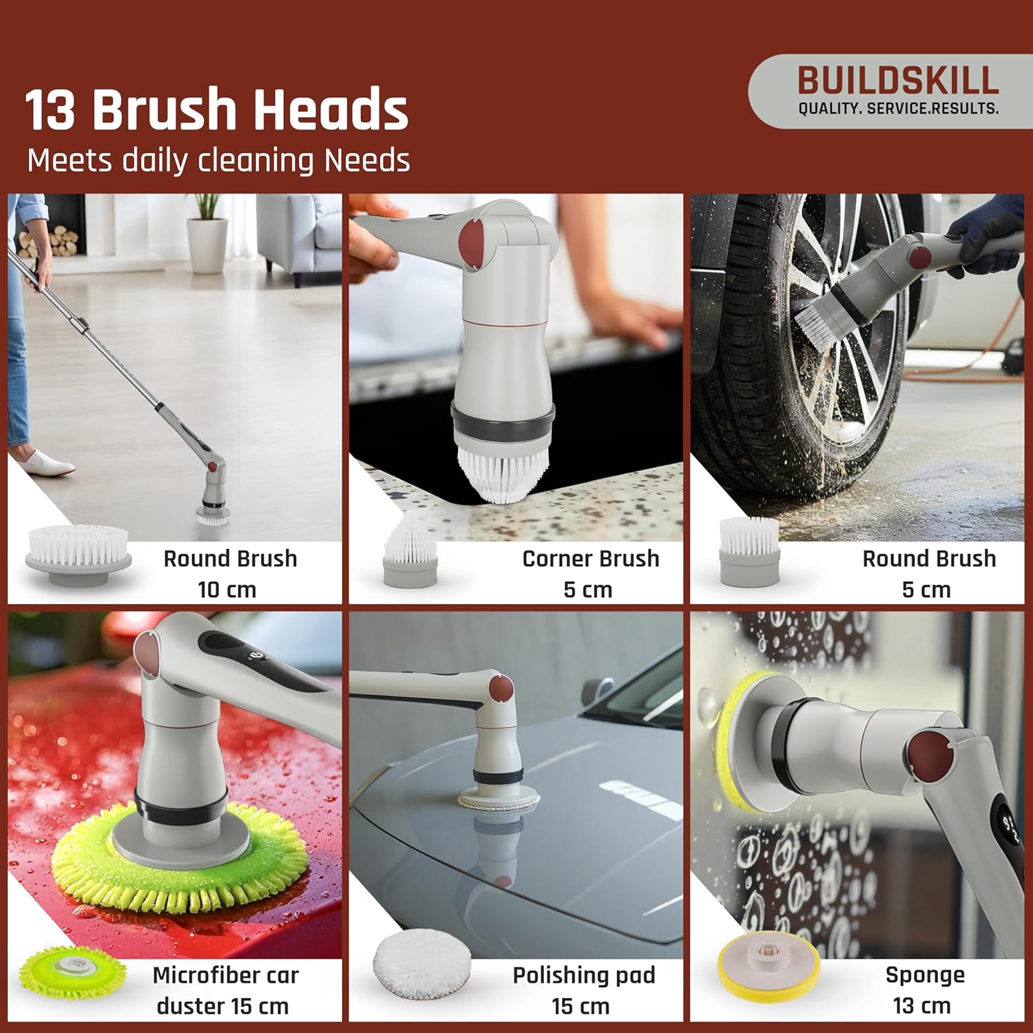 BUILDSKILL 13 in 1 Advanced Electric Spin Scrubber with LED Display | IPX6 Waterproof | 3 Speeds | 4 Angles | Telescopic SS Handle | 2.5Ah Type-C| Tiles, Slabs, Car & Bathroom Cleaning Brush Electric