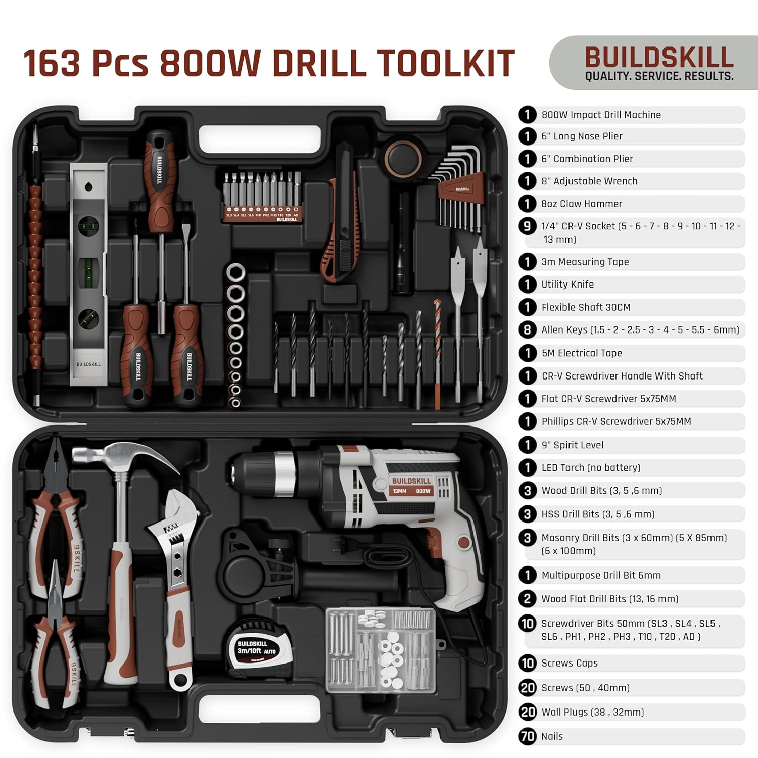 BUILDSKILL 163 PCs 800W Corded Electric Drill Toolkit | 3300 RPM | 48000 BPM Impact Rate | Copper Motor | 13mm Keyless Chuck Drill Machine for Wall Drilling | Forward-Reverse | Professional & DIY use