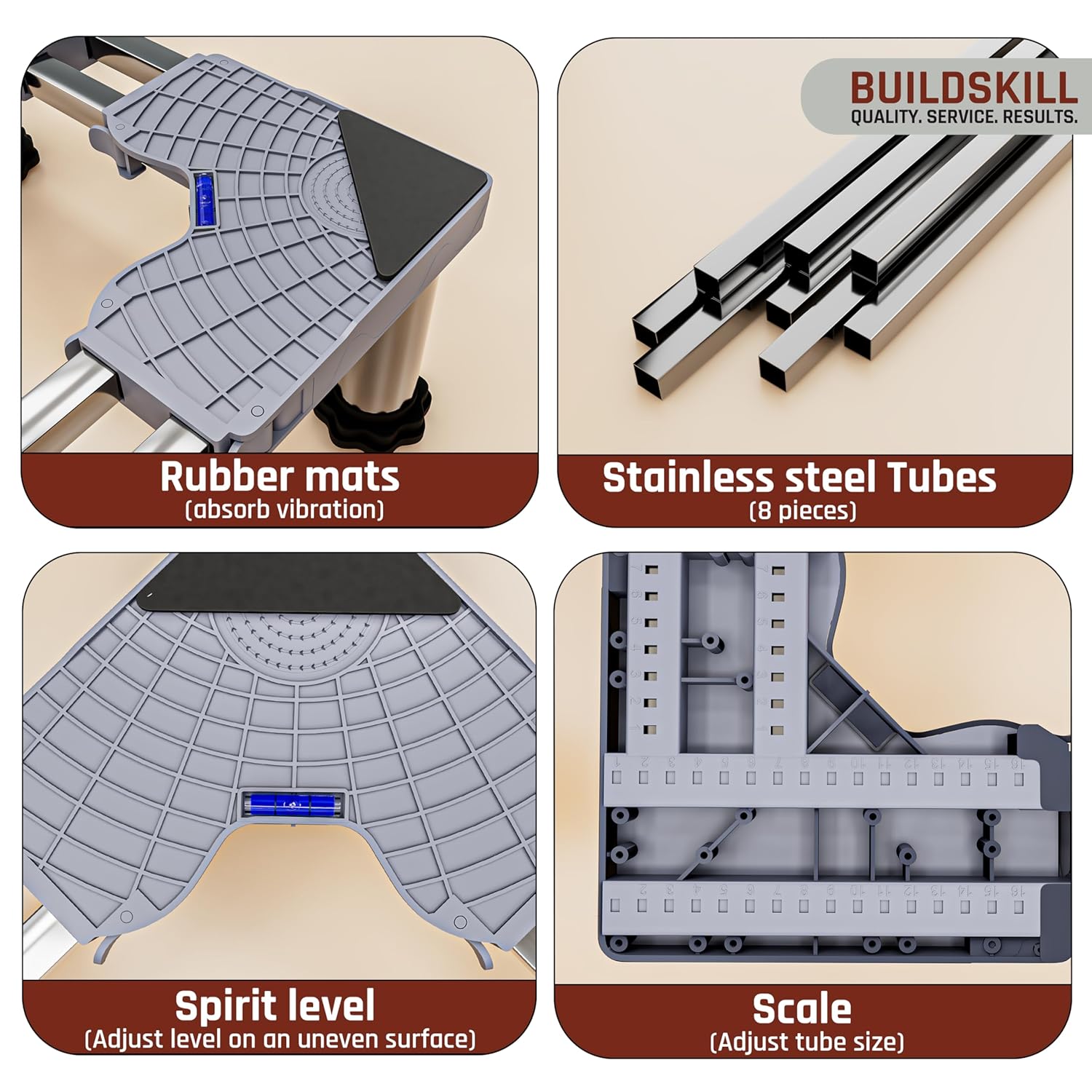 BUILDSKILL 350kg Load Capacity Washing Machine Stand Adjustable | Spirit Level | Anti-Vibration Mats | Dual SS Tubes | Legs with Rubber Pads | Without Wheels Height Stand for Washing Machine (Grey)