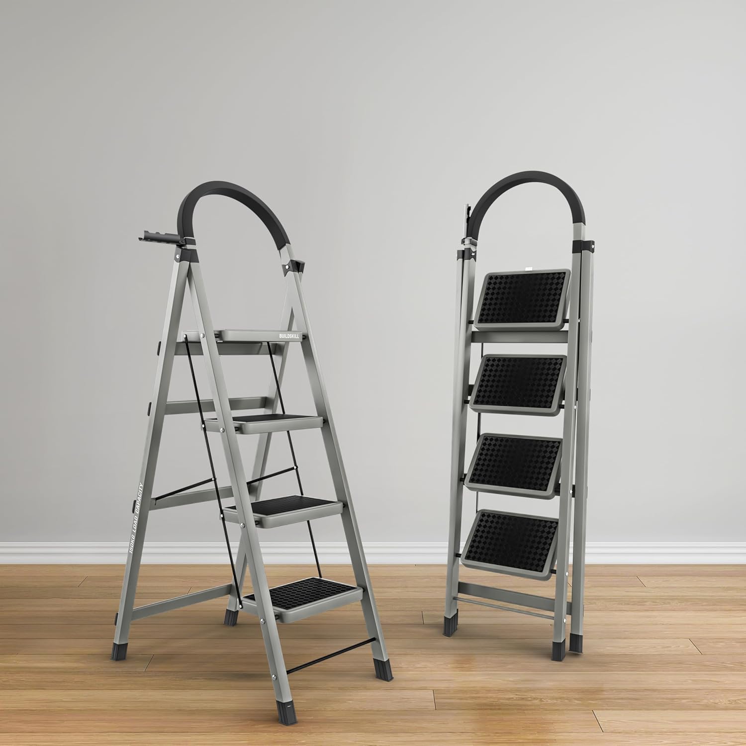 BUILDSKILL Foldable Ladder for Home 4 Steps with Built-in Tool Tray | Heavy Duty D Shape rods | 20 x 30 cm Large Platform | Wide Rubber feet | Secure Lock | 150kg Capacity - 5 Years Warranty