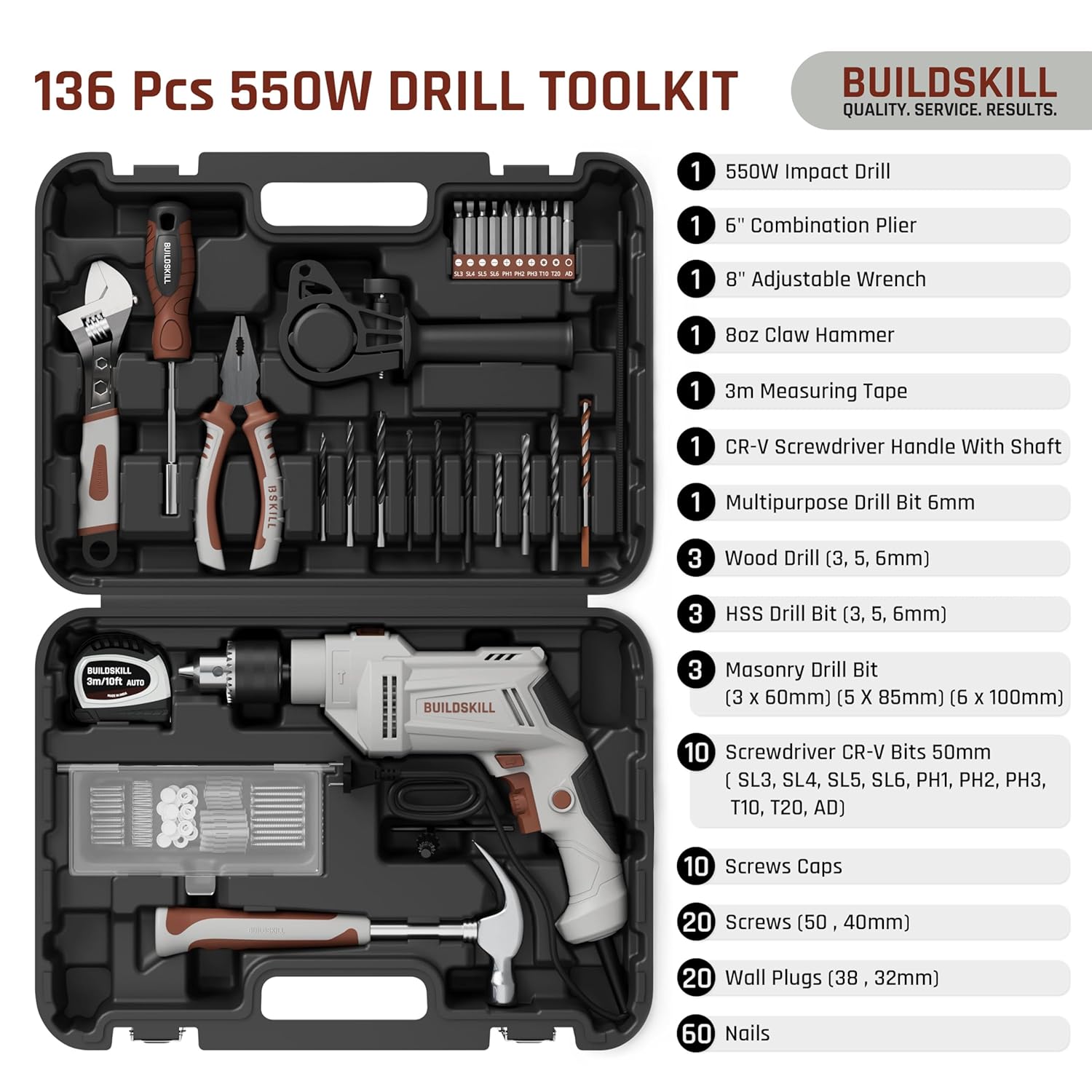BUILDSKILL 136 PCs 550W Corded Electric Drill Toolkit | 3000 RPM | 48000 BPM Impact Rate | Copper Motor | 13mm Metal Chuck Drill Machine for Wall Drilling | Forward-Reverse | Professional & DIY use