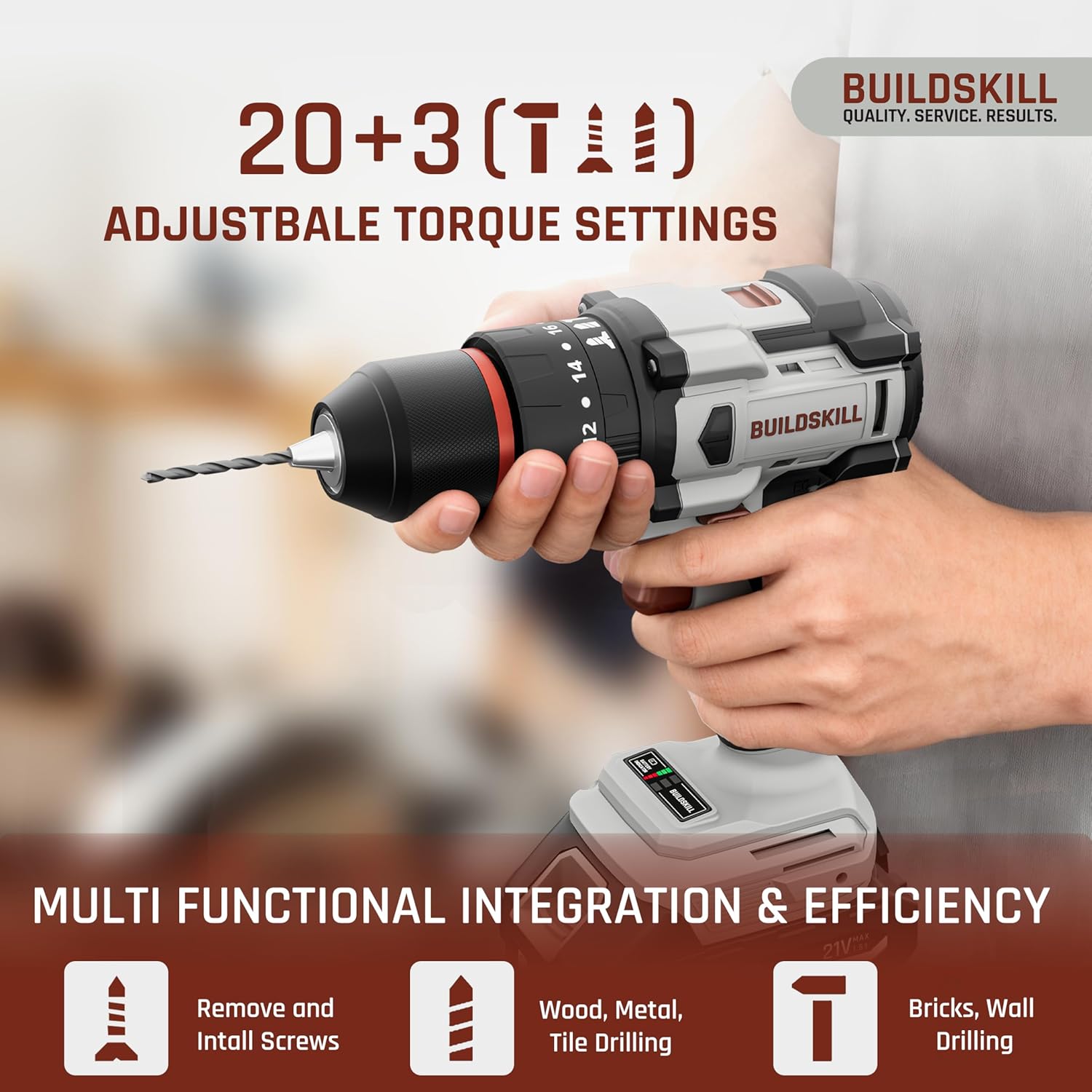 BUILDSKILL 21V BLDC Cordless Drilling Machine | 40NM Torque | Copper Motor | Impact & Drill | 2-Speed 400/1400 RPM | 10mm Metal Keyless Chuck | 1.5Ah Battery | Forward-Reverse | Professional & DIY Use