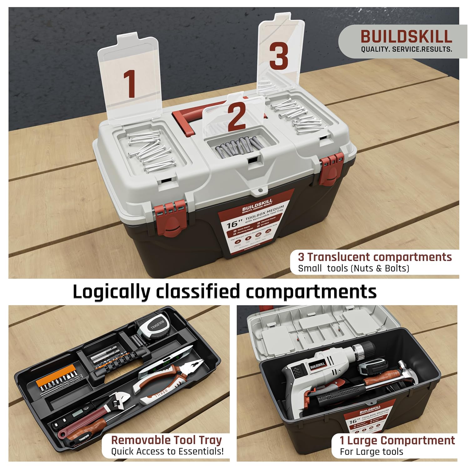 BUILDSKILL 16" Medium Tool Box for Home | Convenient Top Lids & Removable Tool Tray | Secure Latch Lock | Key Hole | Heavy Duty Impact Resistant Body | Ideal Repair Toolbox for DIY & Professional Use