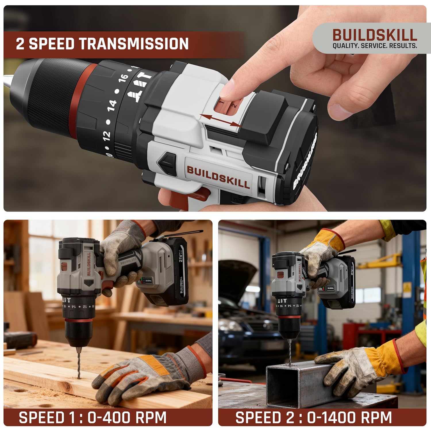 BUILDSKILL 21V BLDC Cordless Drilling Machine | Copper Motor | Impact & Drill | 2-Speed 400/1400 RPM | 10mm Metal Keyless Chuck | 1.5Ah Battery | LED Light | Forward-Reverse | Professional & DIY Use