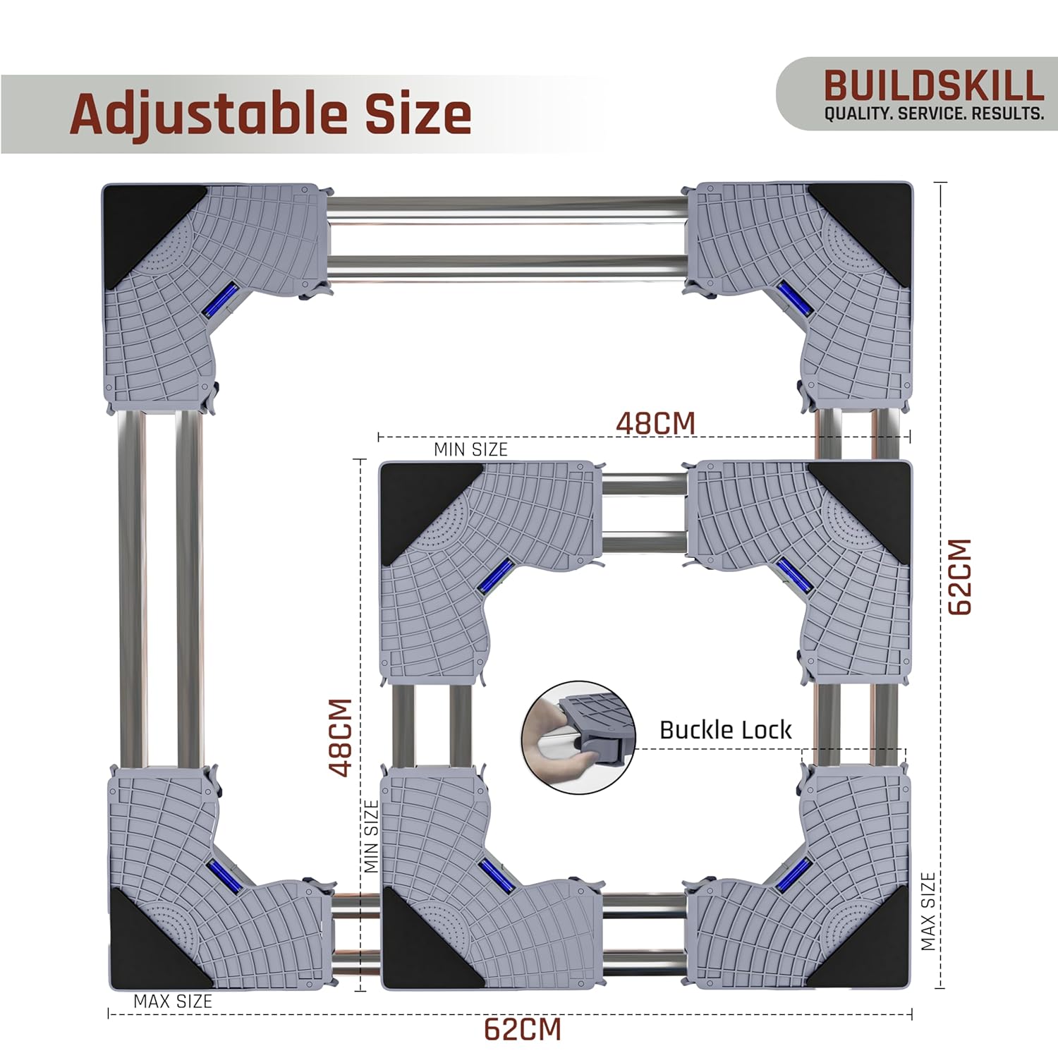 BUILDSKILL 350kg Load Capacity Washing Machine Stand Adjustable | Spirit Level | Anti-Vibration Mats | Dual SS Tubes | Legs with Rubber Pads | Without Wheels Height Stand for Washing Machine (Grey)