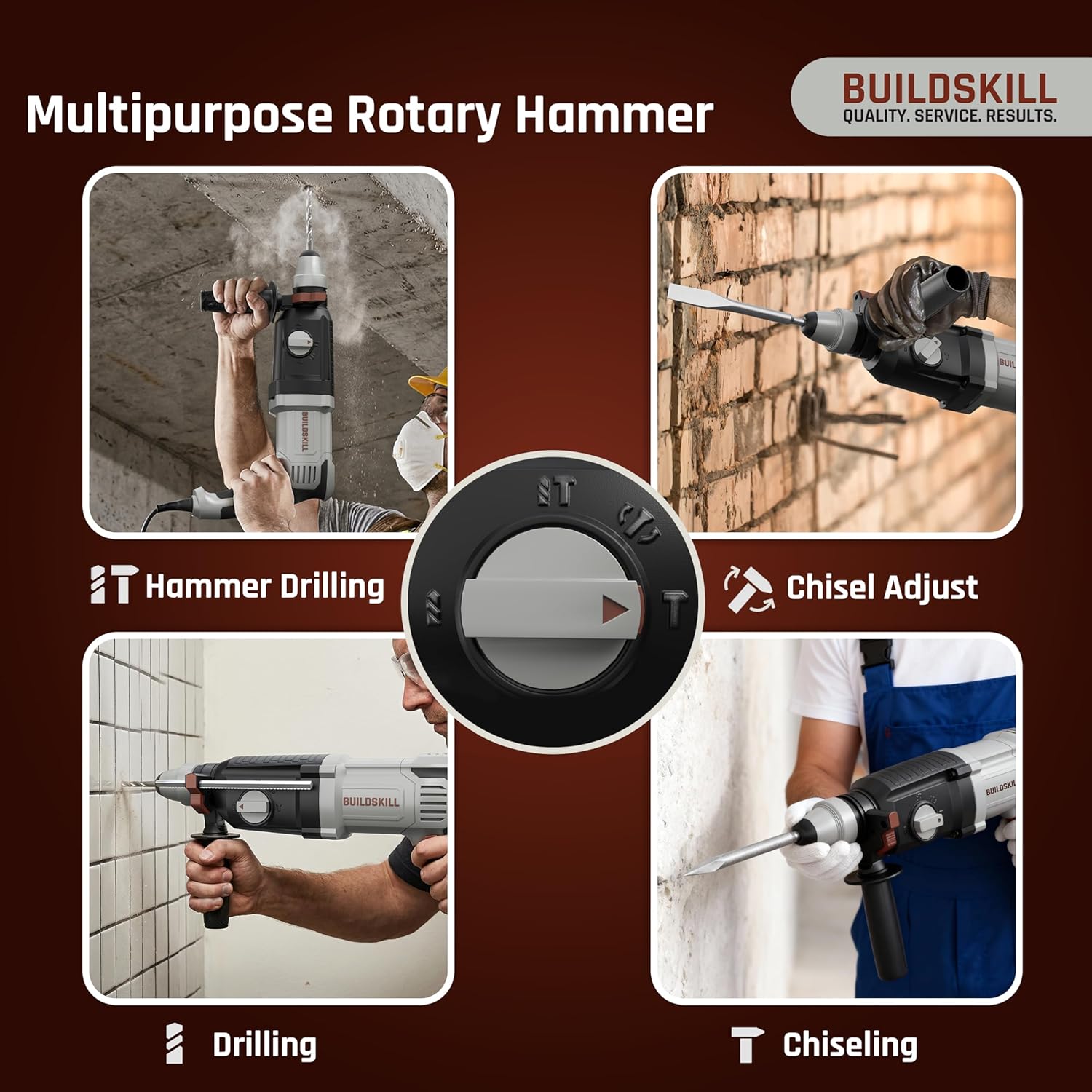 BUILDSKILL 850W Rotary Hammer Drill | 1100 RPM Copper Motor | 26mm SDS+ Chuck | 4900 BPM | 4 Modes| 3J Impact | Variable Speed | with 6/8/10mm Bits + Pointed & Flat Bits for Concrete, Metal & Wood