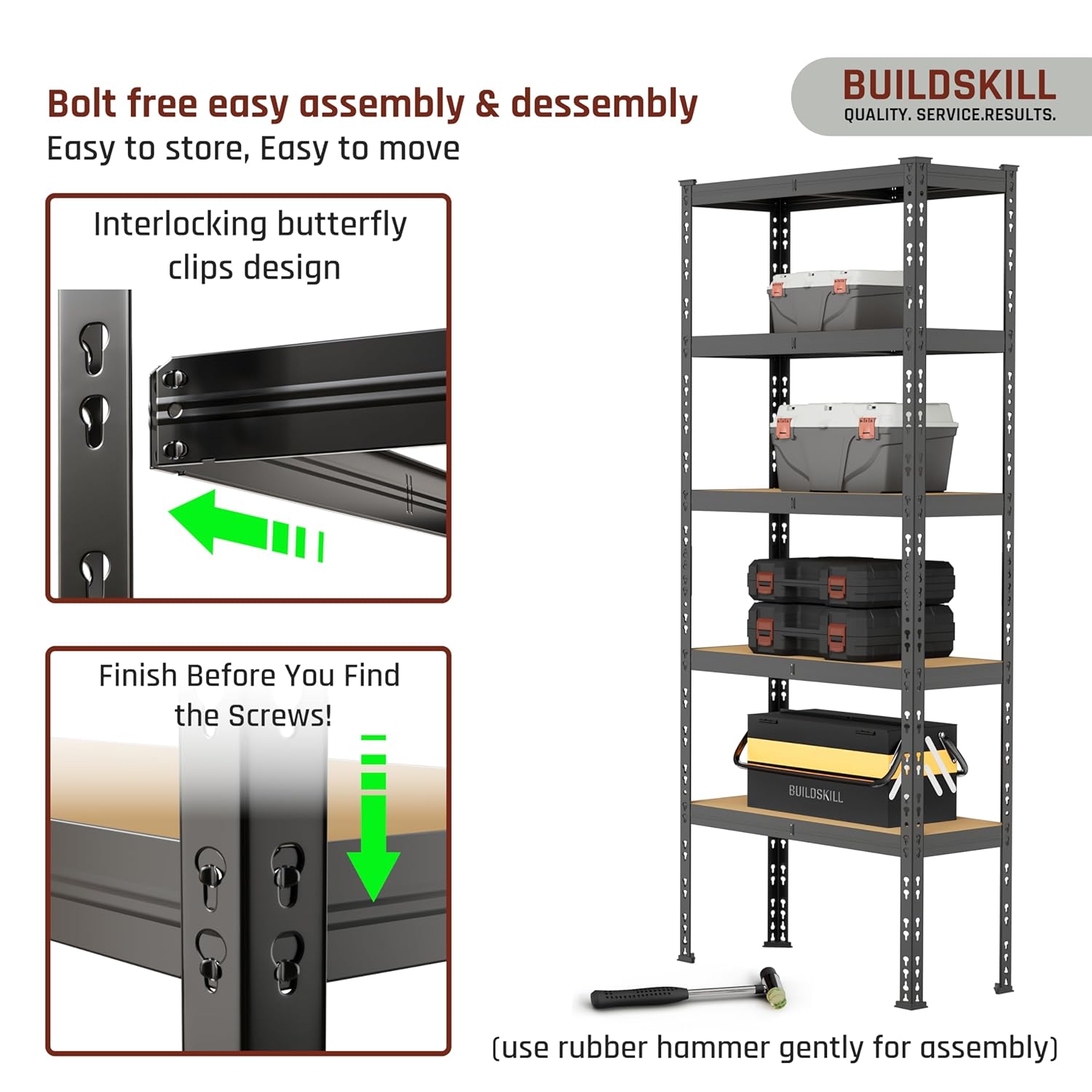 BUILDSKILL 5-Tier Multipurpose Storage Rack | Bolt-Free Assembly | Black Powder-Coated Galvanized Metal | Thick MDF Board | 175Kg Capacity Per Shelf | 170x70x30cm Adjustable Shelf Rack for Home & Shop