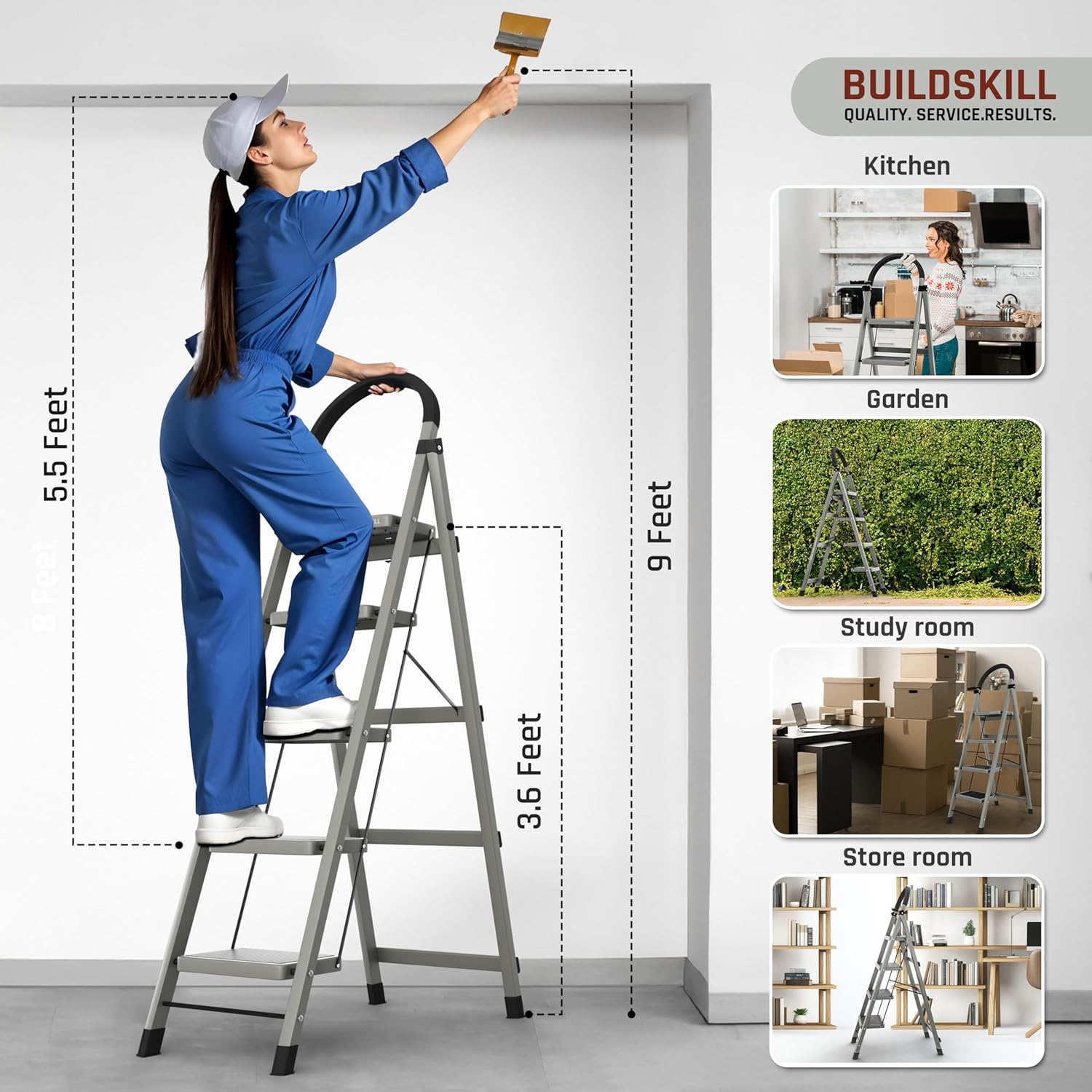 BUILDSKILL 5 Step Ladder for Home Use with Built-in Tool Tray | Heavy Duty D Shape Rods | 20 x 30 cm Large Platform | Wide Rubber Feet | Secure Lock | 150Kg Capacity Foldable Ladder - 5 Years Warranty