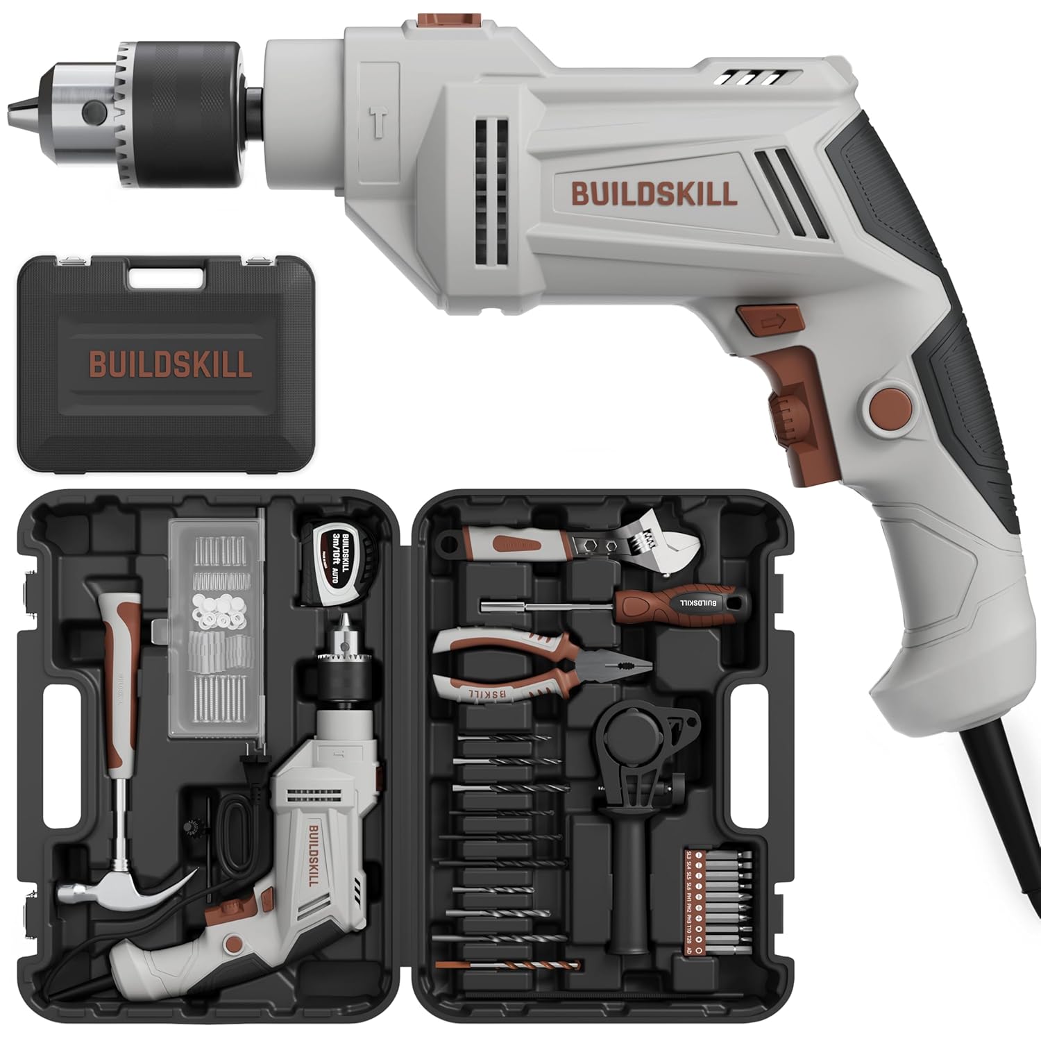 BUILDSKILL 136 PCs 550W Corded Electric Drill Toolkit | 3000 RPM | 48000 BPM Impact Rate | Copper Motor | 13mm Metal Chuck Drill Machine for Wall Drilling | Forward-Reverse | Professional & DIY use