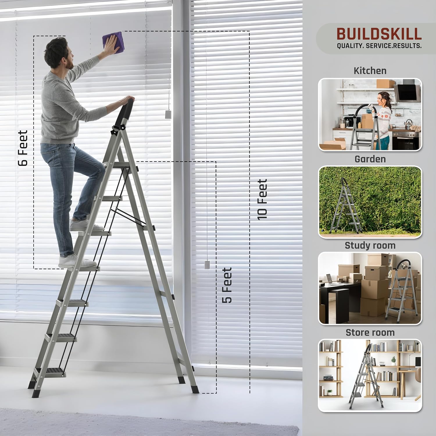 BUILDSKILL Ladder for Home 7 Steps Foldable with Built-in Tool Tray | Heavy Duty D Shape Rods | 20 x 30cm Large Platform | Wide Rubber Feet | Secure Lock | 150Kg Capacity - 5 Years Warranty