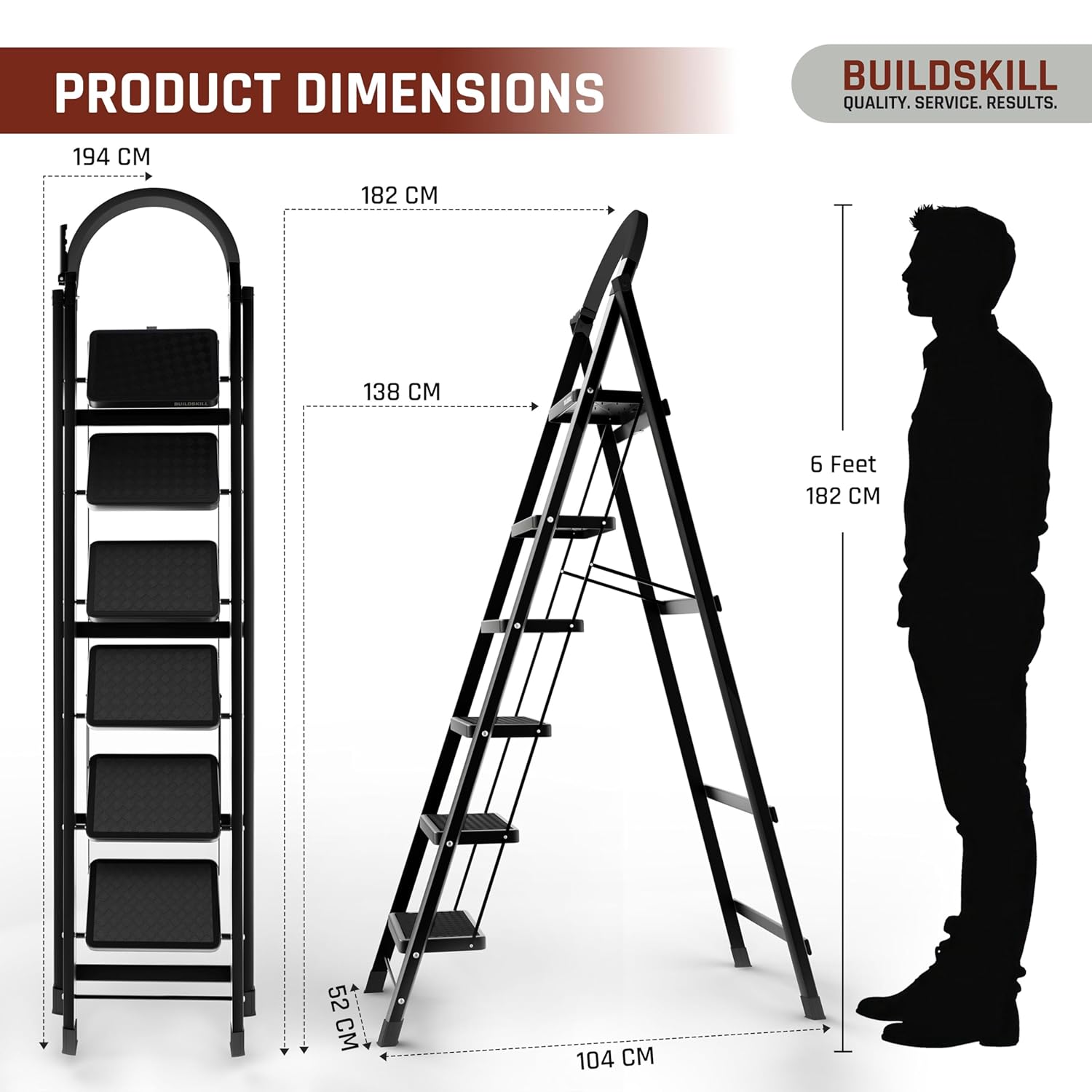 BUILDSKILL Black 6 Step Ladder for Home Use with Built-in Tool Tray | Heavy Duty D Shape Rods | 20 x 30 cm Large Step with Rubber Pad | Secure Lock | 150Kg Capacity Foldable Ladder - 5 Years Warranty