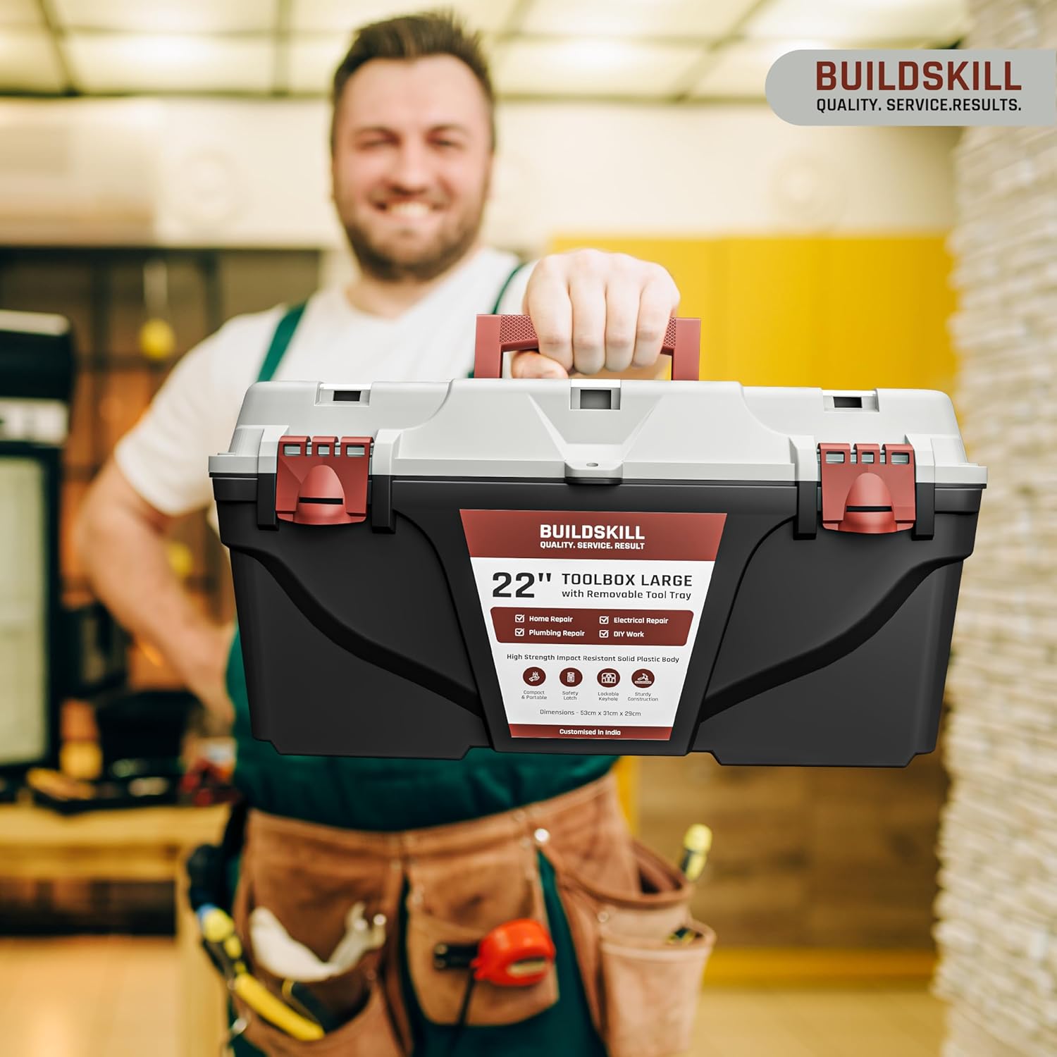 BUILDSKILL 22" Large Tool Box for Home | Convenient Top Lids & Removable Tool Tray | Secure Latch Lock | Key Hole | Heavy Duty Impact Resistant Body | Ideal Repair Toolbox for DIY & Professional Use