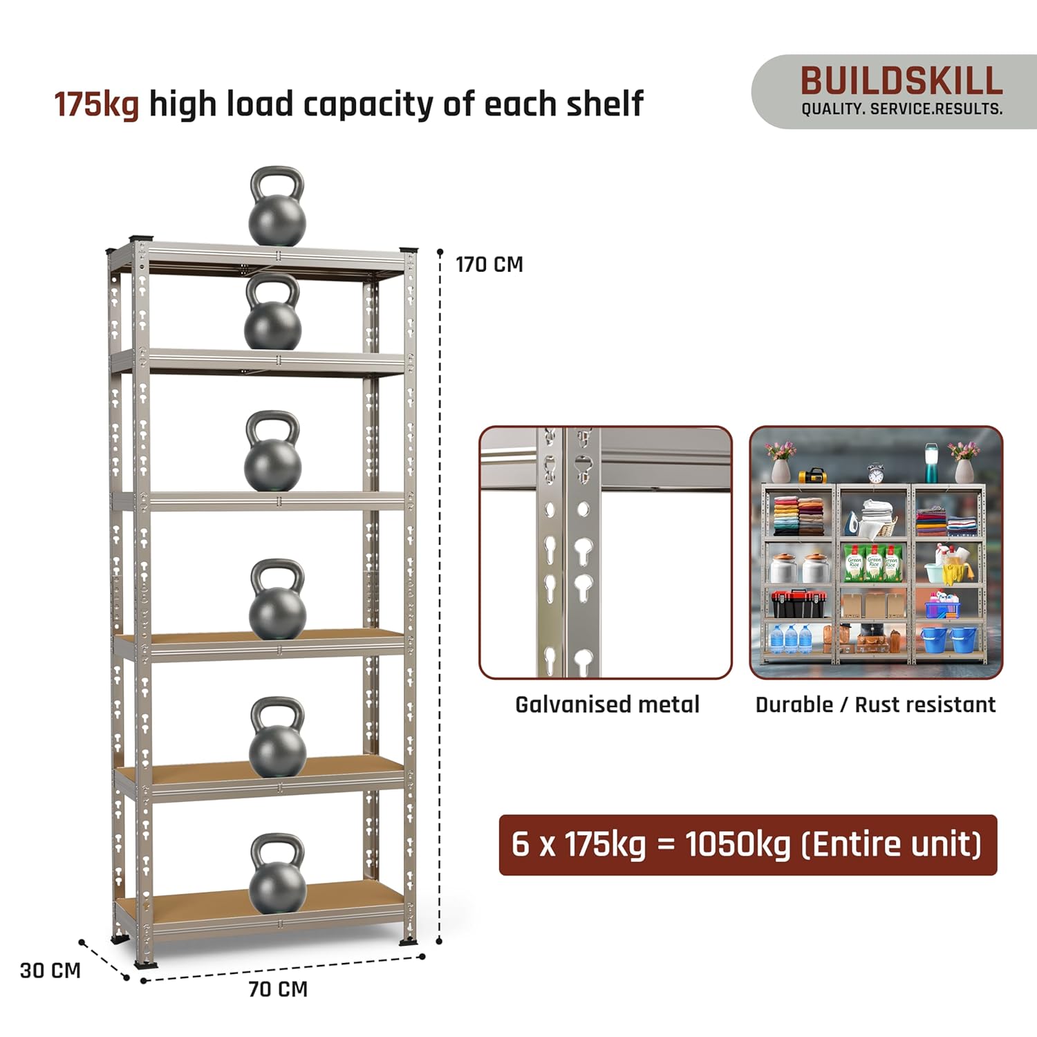 BUILDSKILL 6-Tier Multipurpose Storage Rack | Bolt-Free Assembly | Galvanized Metal | Thick MDF Board | 175Kg Capacity Per Shelf | 170x70x30cm Adjustable Shelf Rack for Home, Garage & Shop | Silver
