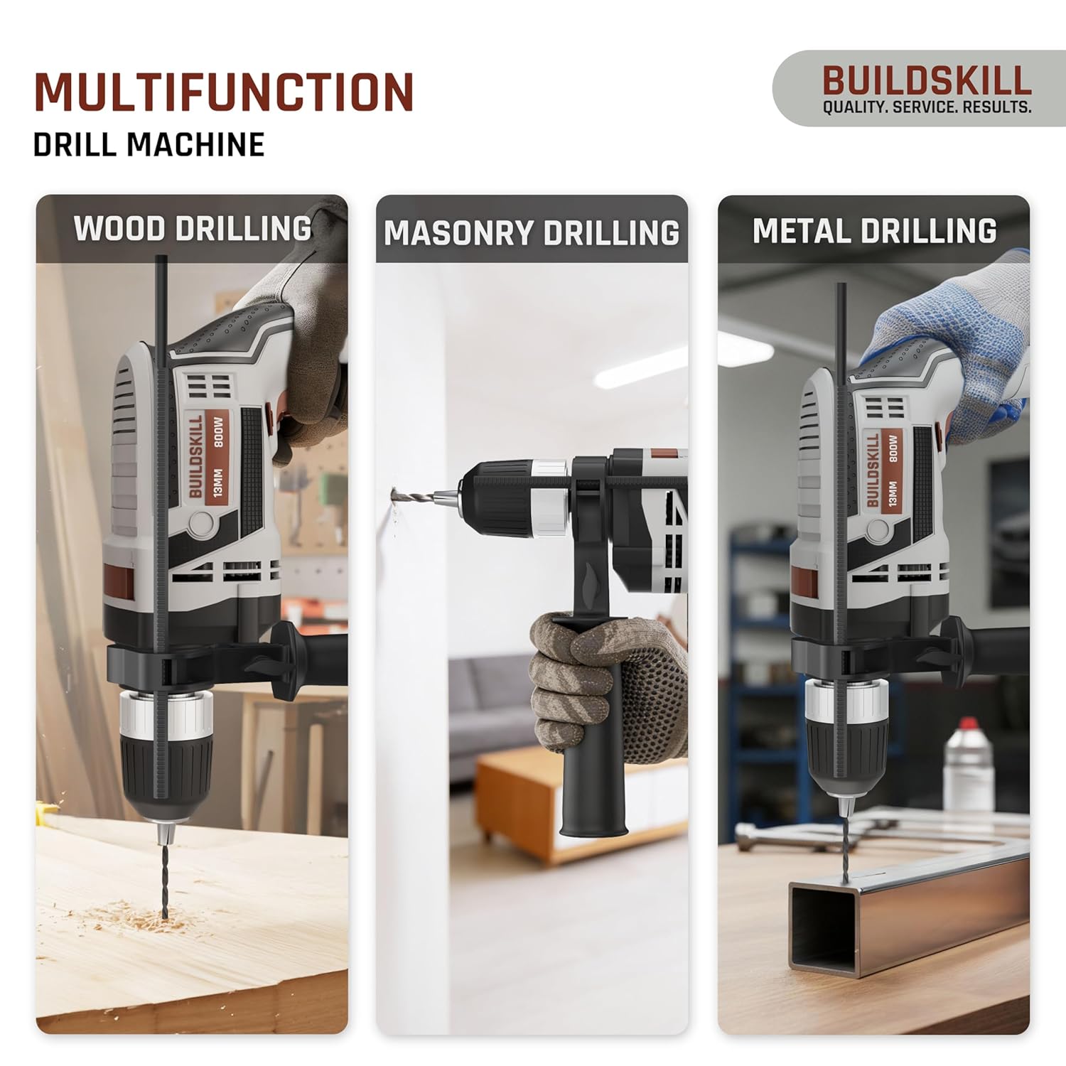 BUILDSKILL 163 PCs 800W Corded Electric Drill Toolkit | 3300 RPM | 48000 BPM Impact Rate | Copper Motor | 13mm Keyless Chuck Drill Machine for Wall Drilling | Forward-Reverse | Professional & DIY use